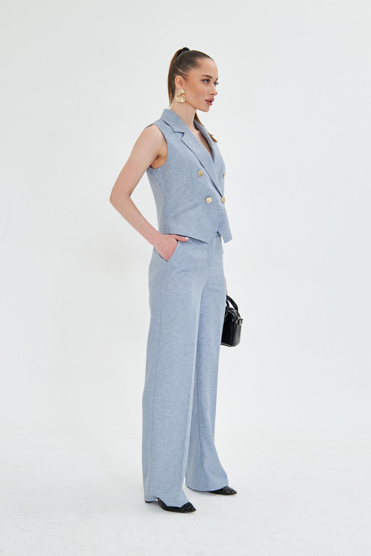 Gold Düğmeli Kısa Yelek Takım Gri