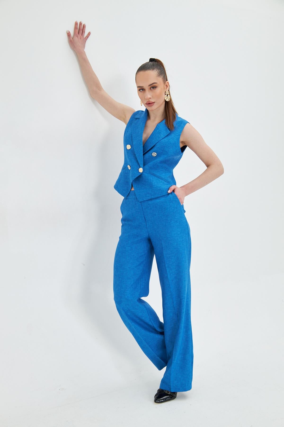 Gold Düğmeli Kısa Yelek Takım Saks