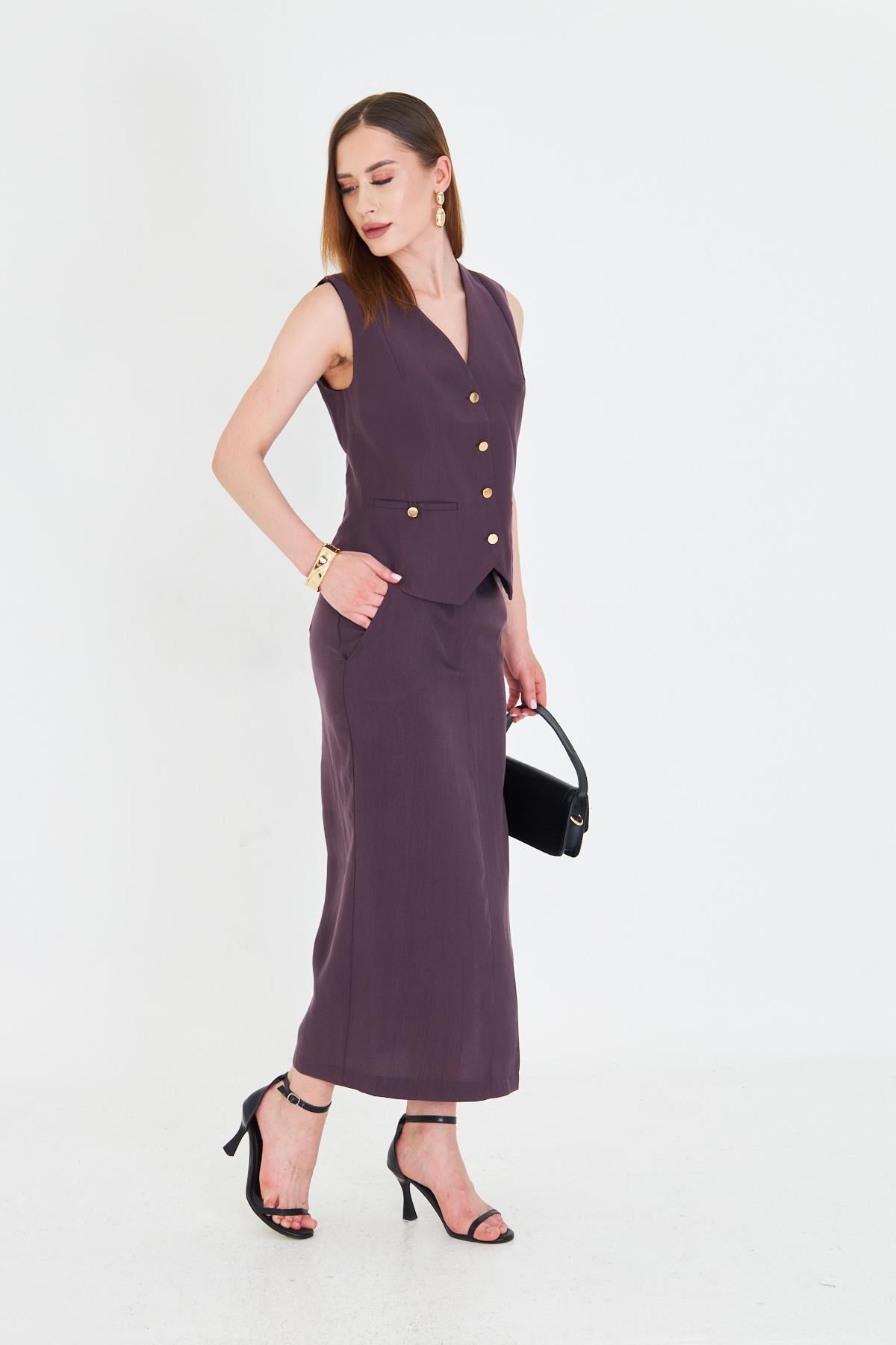 Gold Düğmeli Modal Etekli Takım Mürdüm