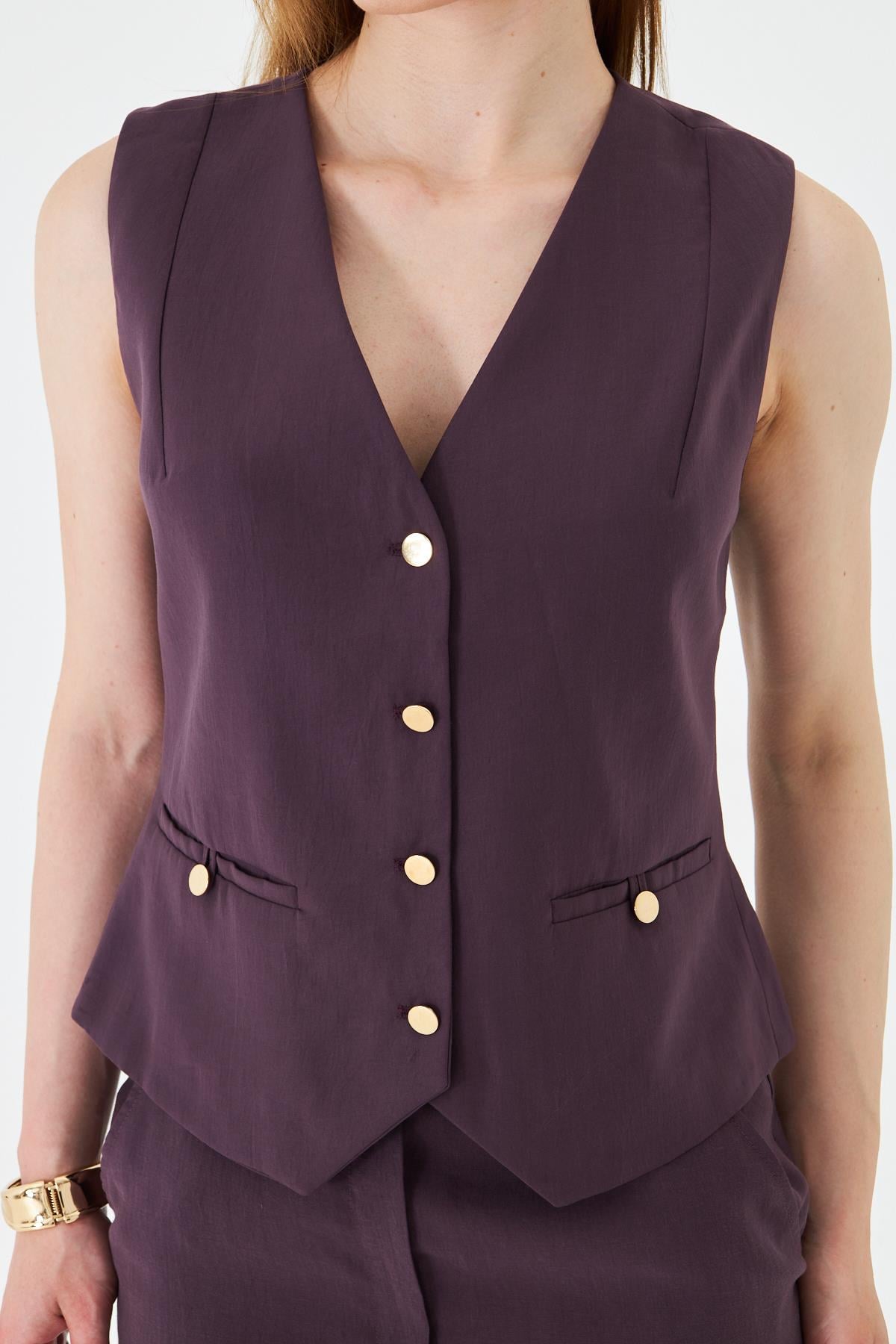 Gold Düğmeli Modal Etekli Takım Mürdüm