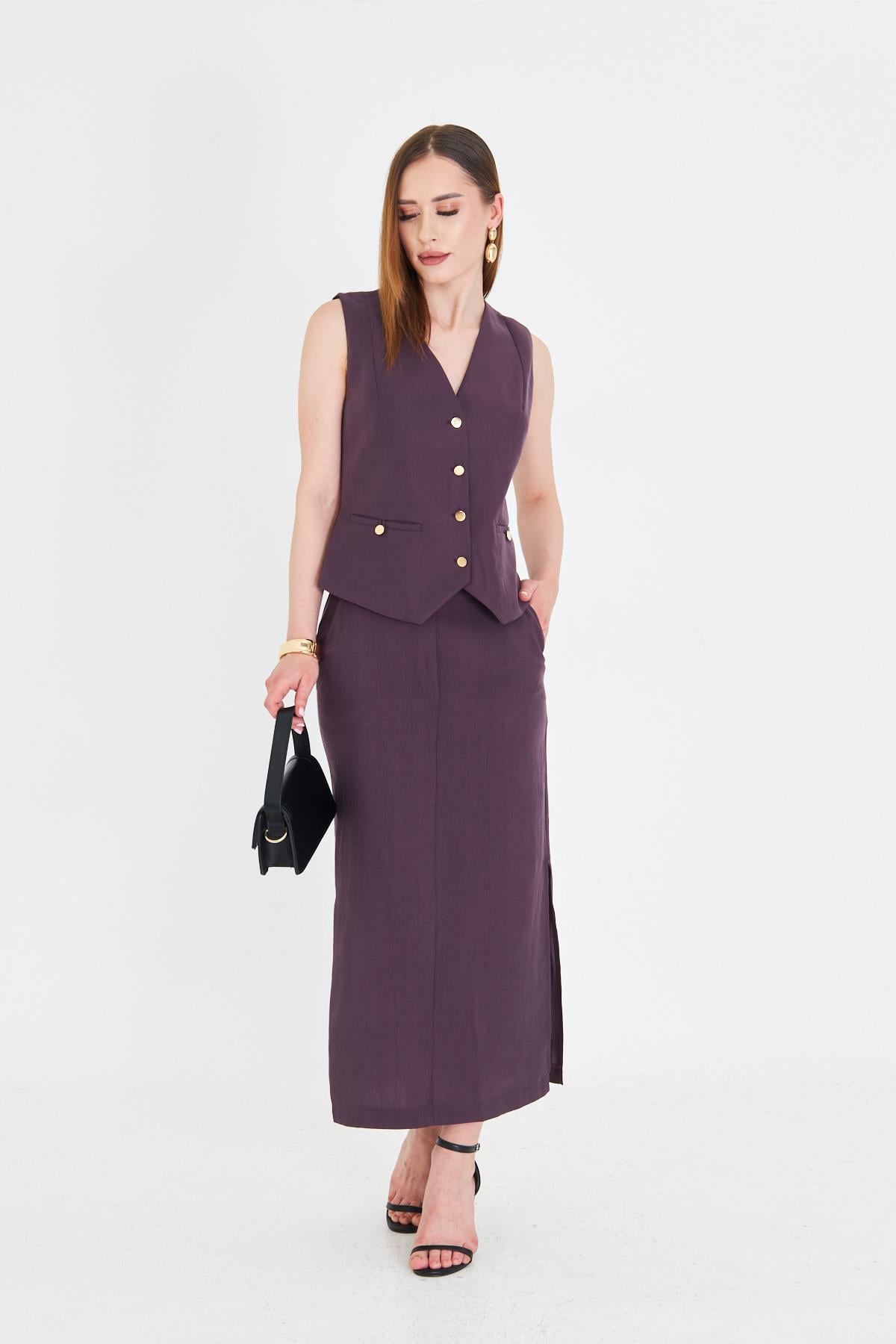 Gold Düğmeli Modal Etekli Takım Mürdüm