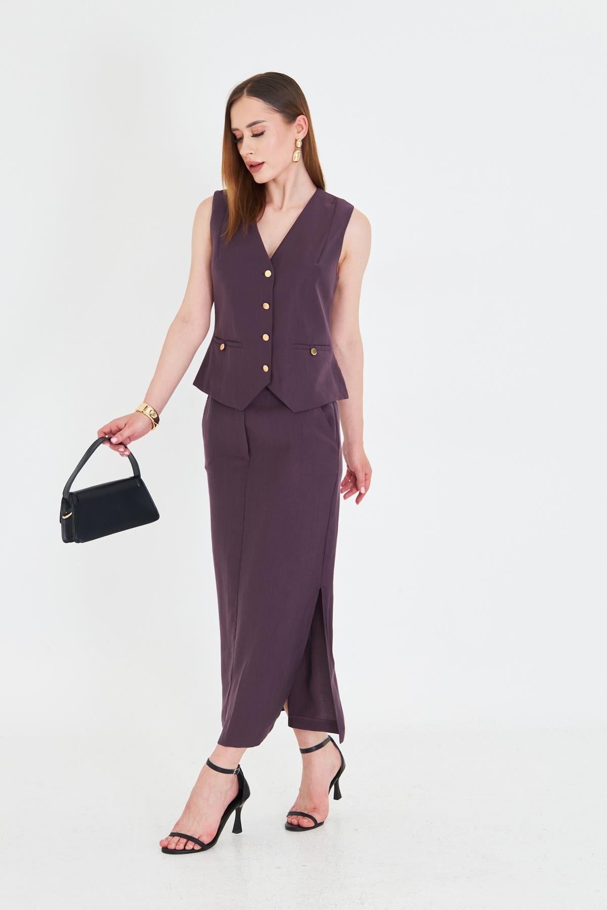 Gold Düğmeli Modal Etekli Takım Mürdüm