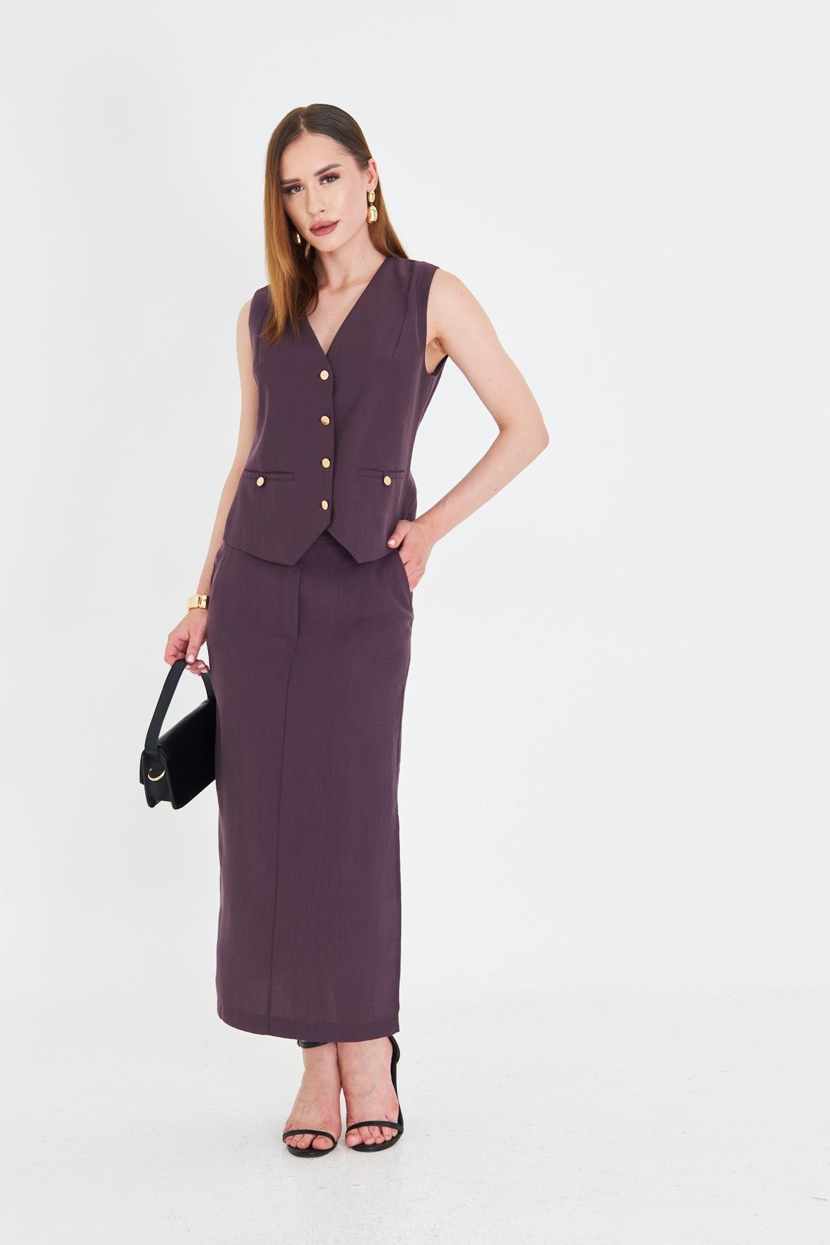 Gold Düğmeli Modal Etekli Takım Mürdüm