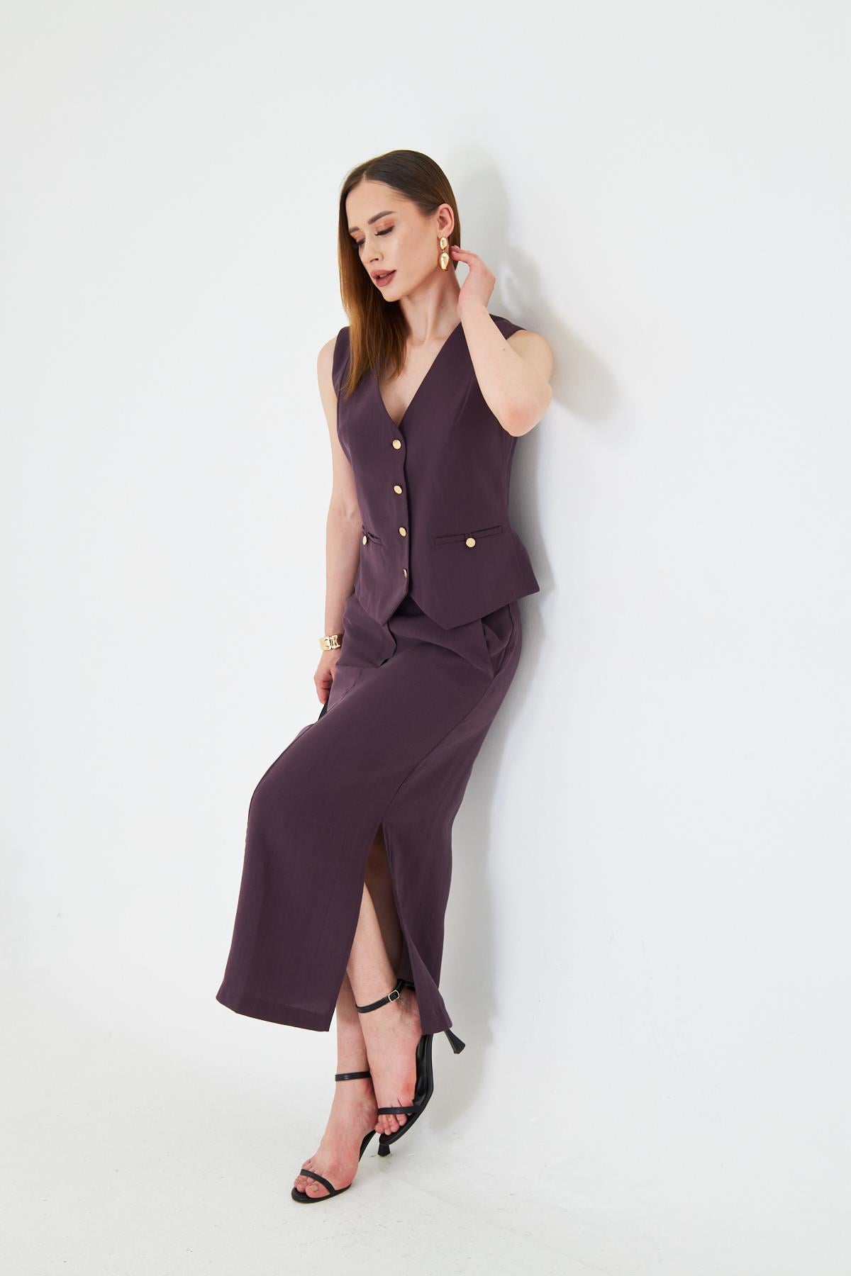 Gold Düğmeli Modal Etekli Takım Mürdüm