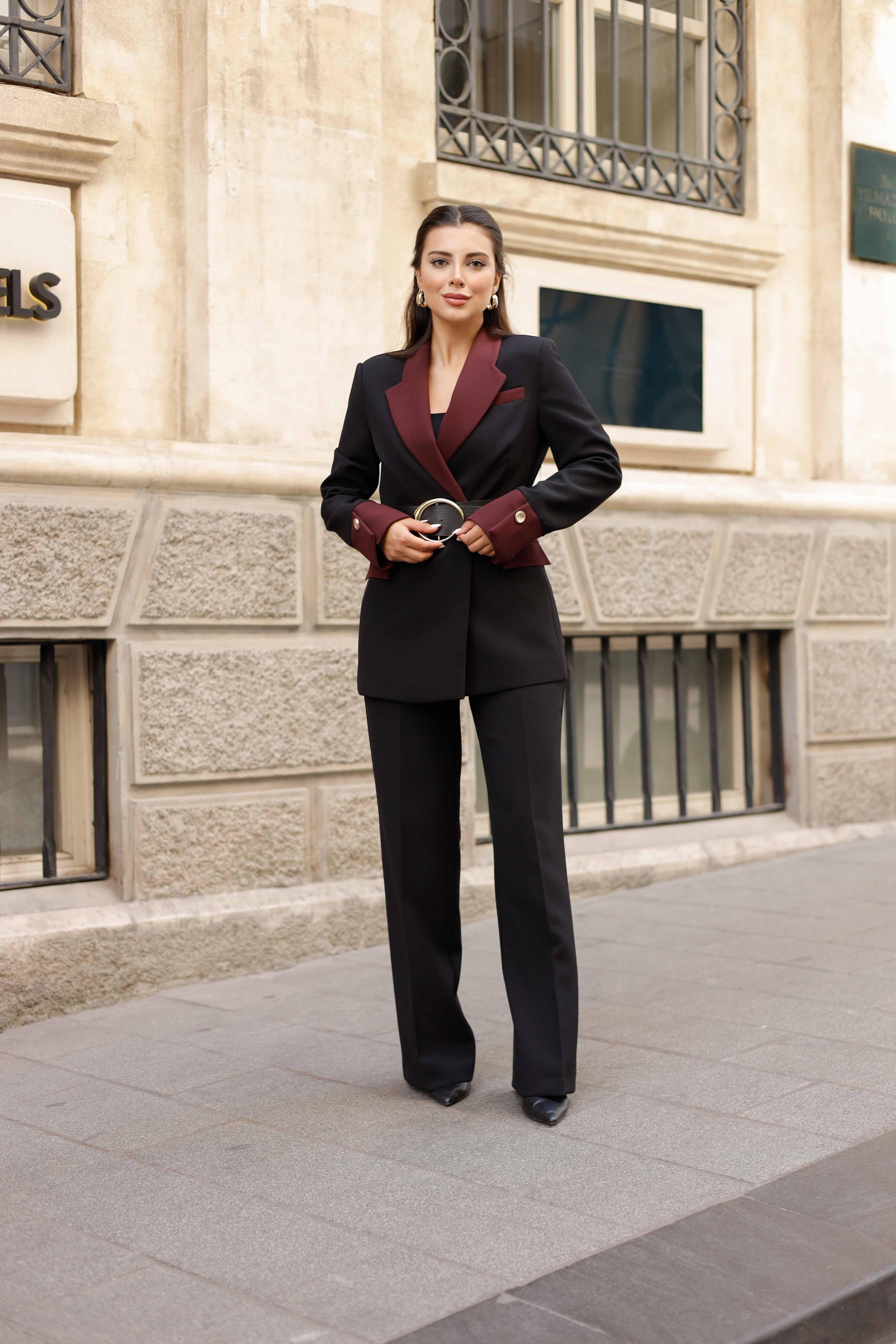 Gold Kemerli Garnili Kruvaze Takım Siyah