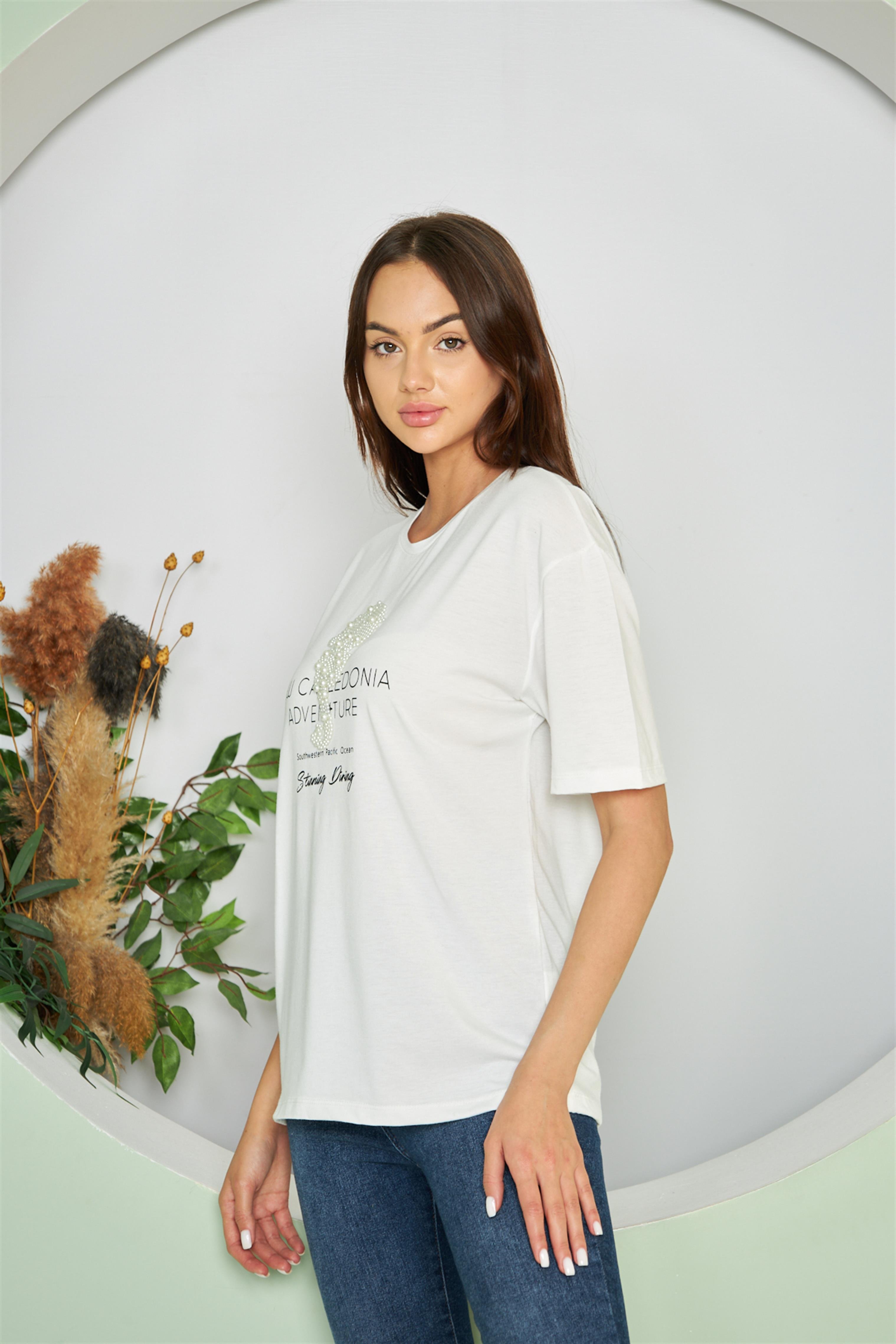 İnci Detay Baskı T-Shirt Ekru