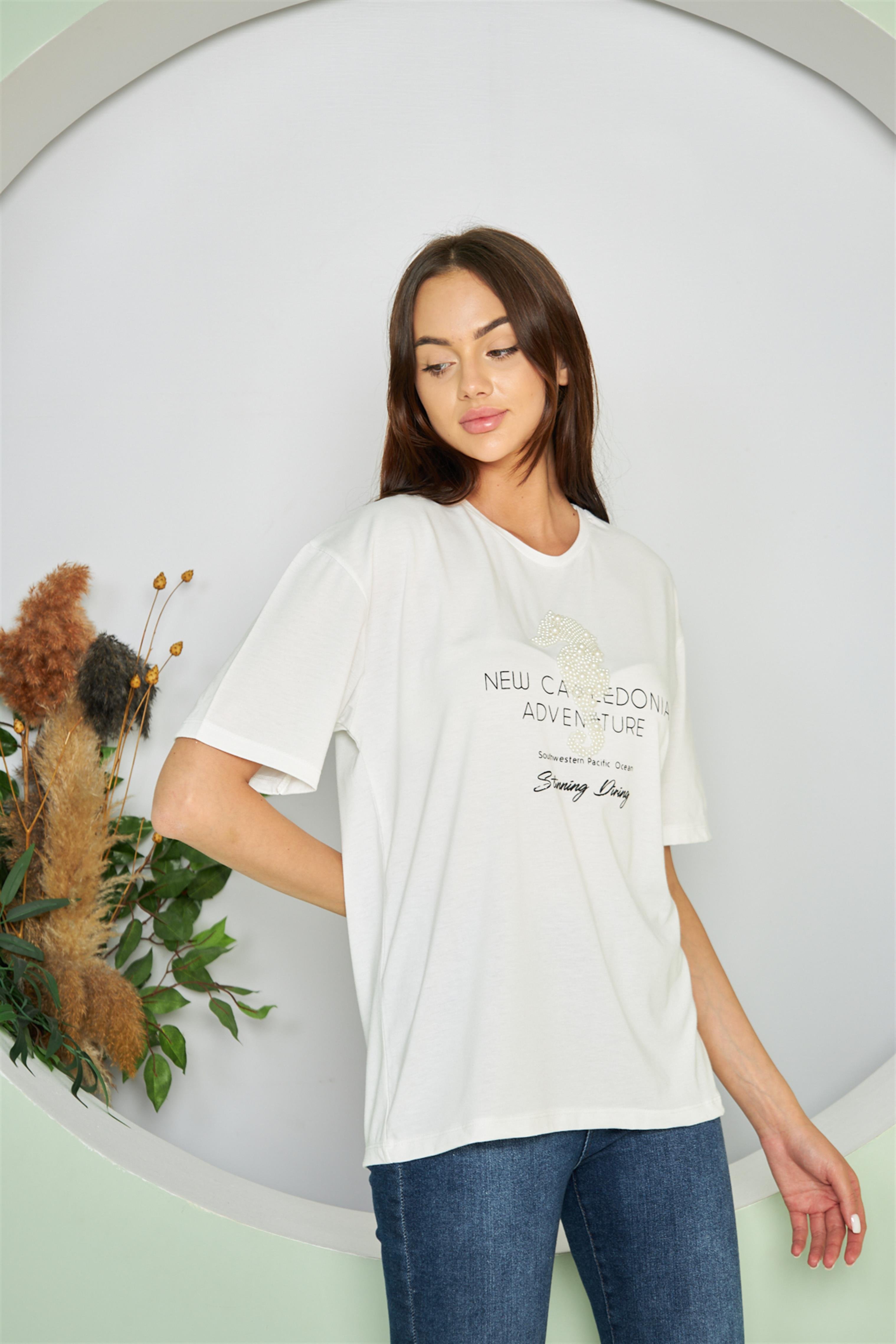 İnci Detay Baskı T-Shirt Ekru