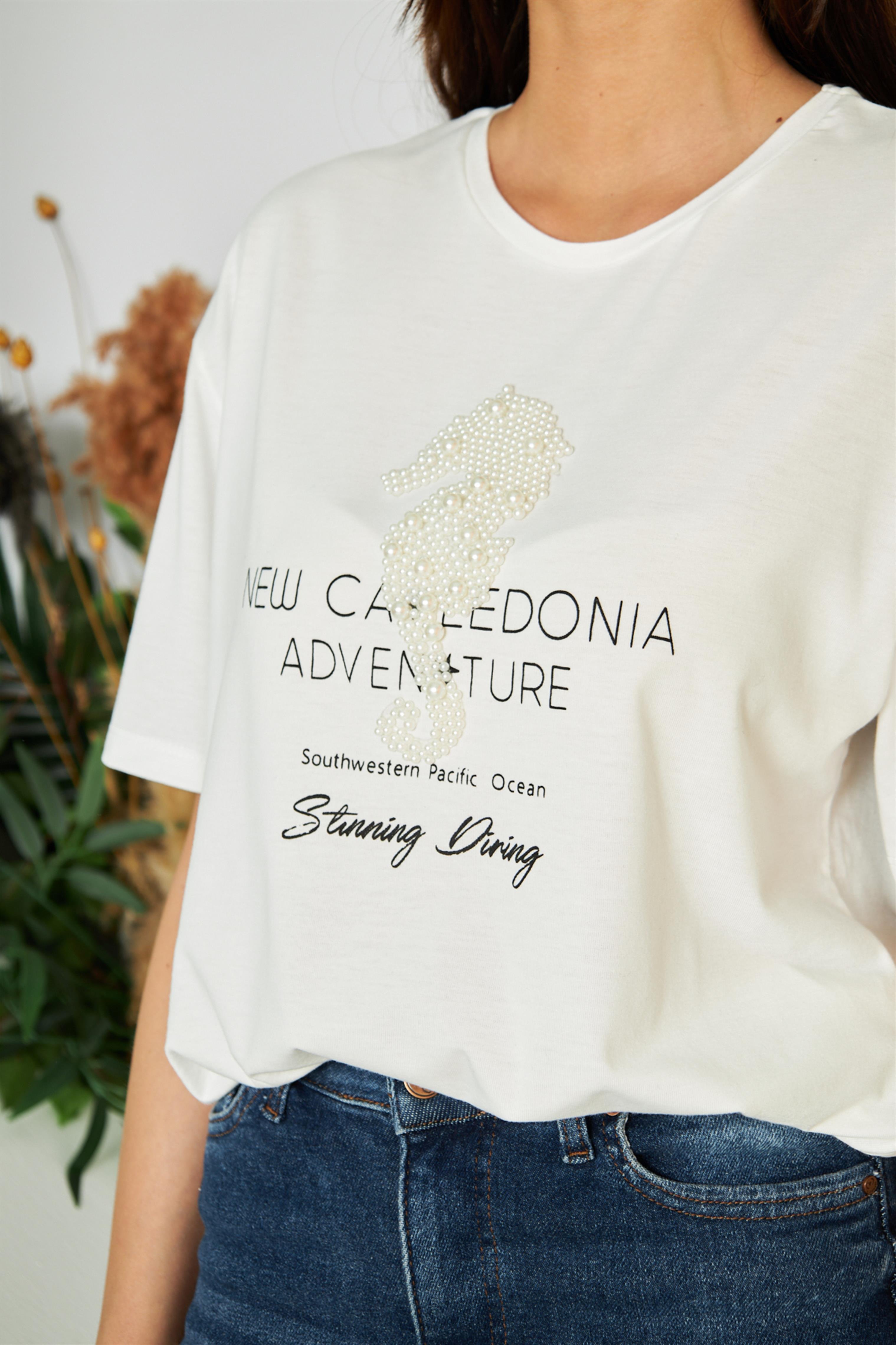 İnci Detay Baskı T-Shirt Ekru