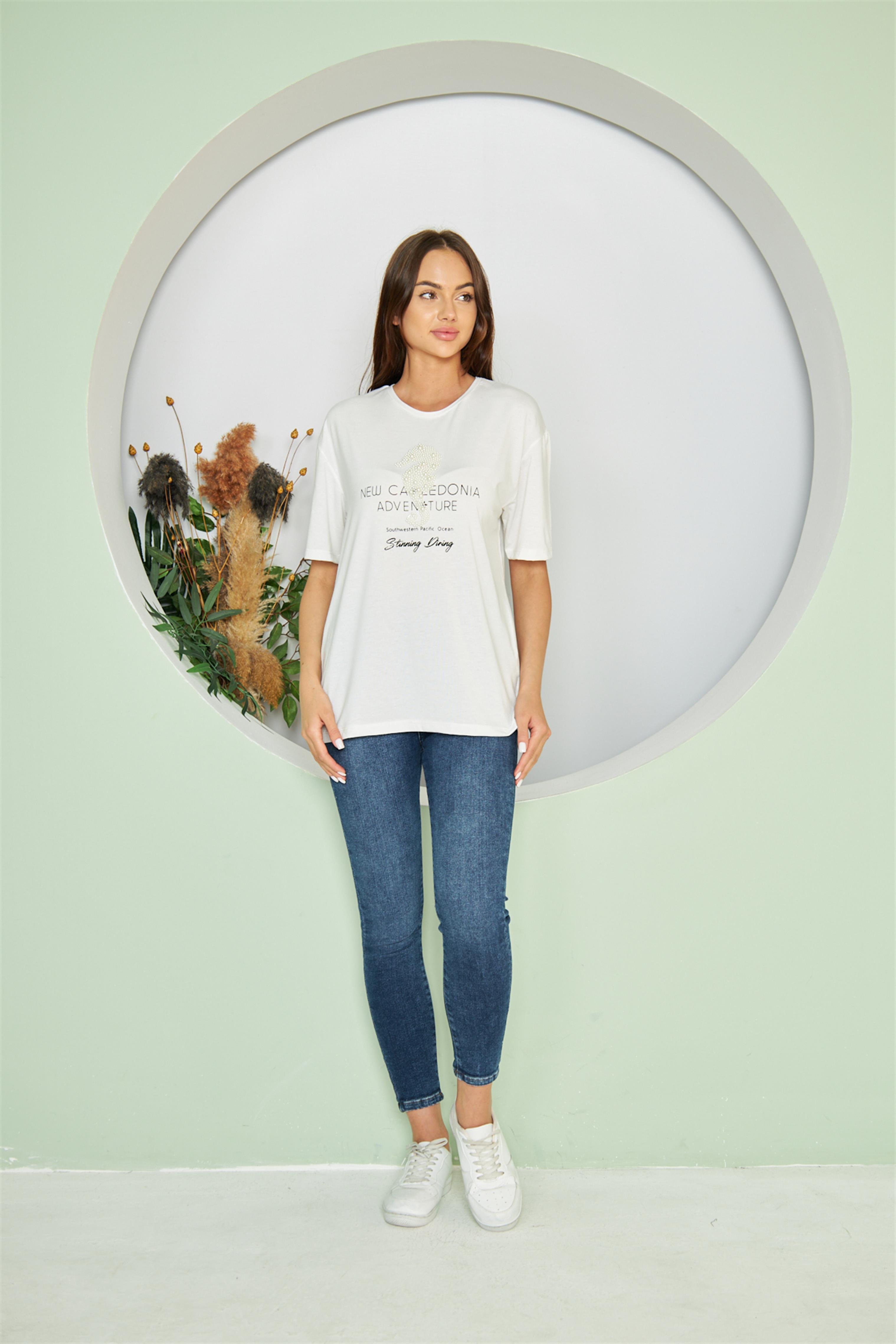 İnci Detay Baskı T-Shirt Ekru