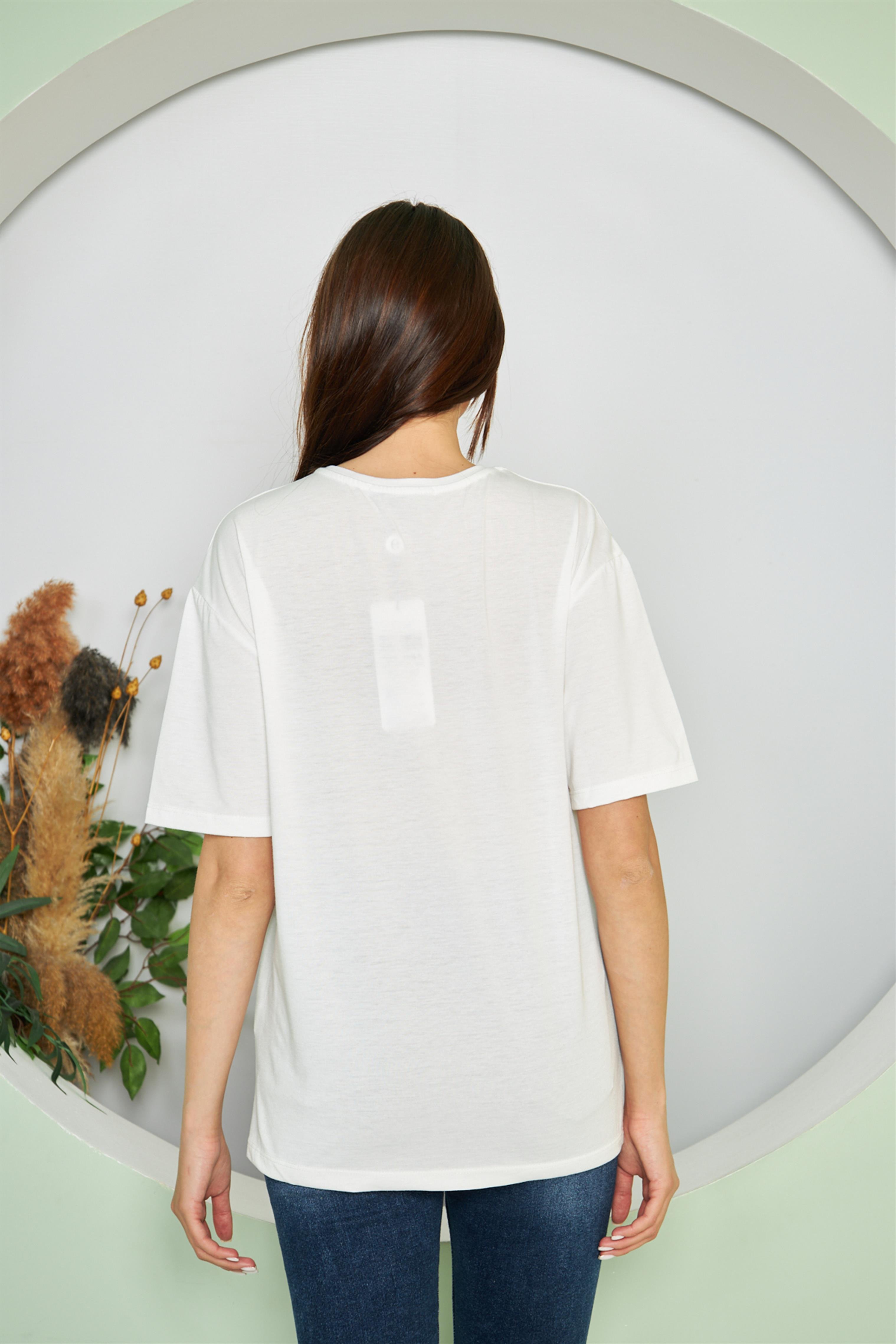 İnci Detay Baskı T-Shirt Ekru