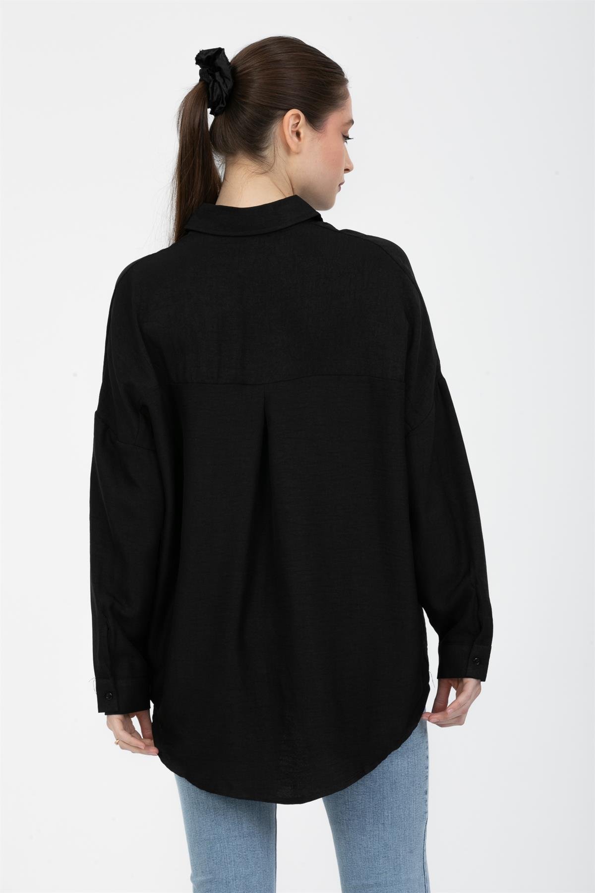 İncili Keten Gömlek Siyah