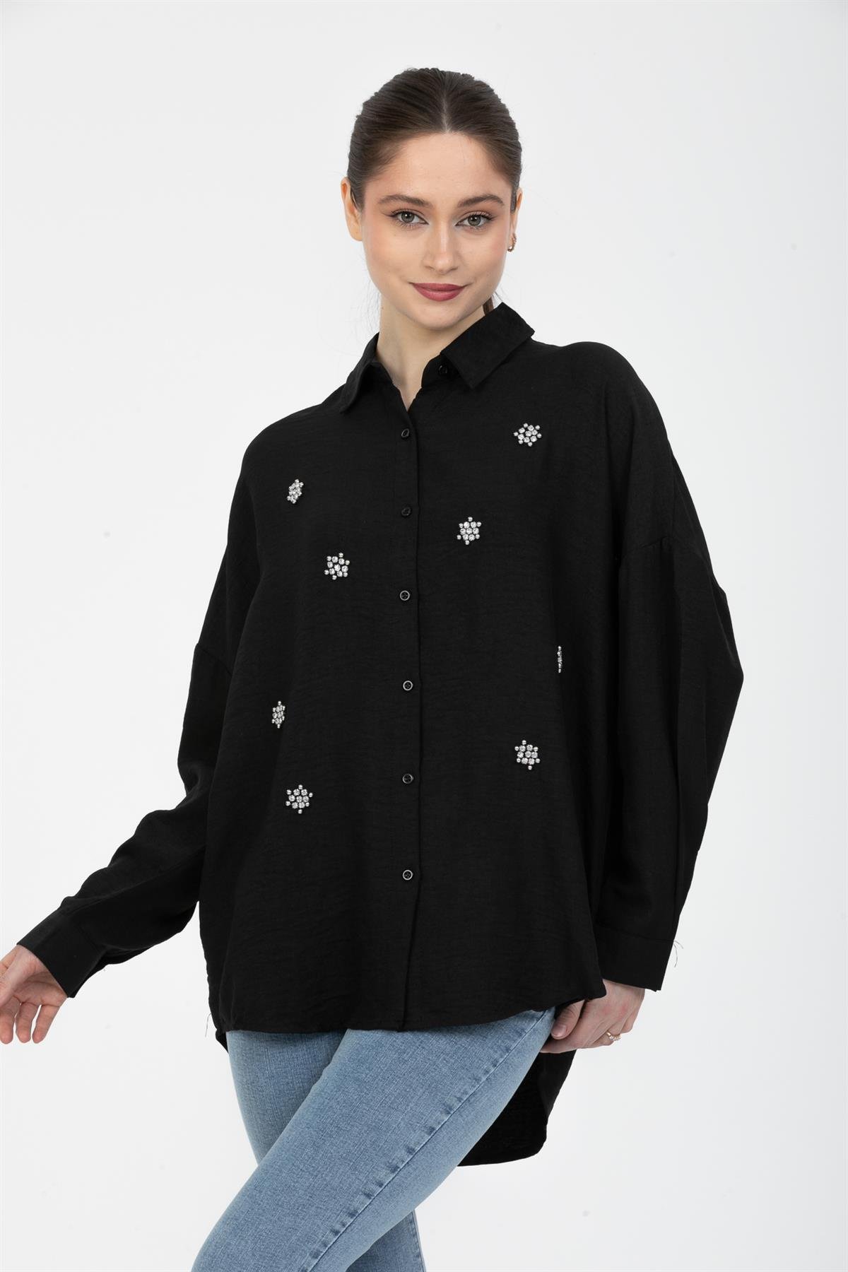 İncili Keten Gömlek Siyah