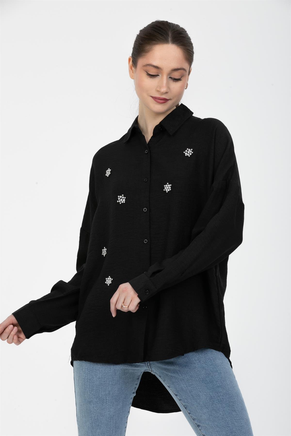 İncili Keten Gömlek Siyah