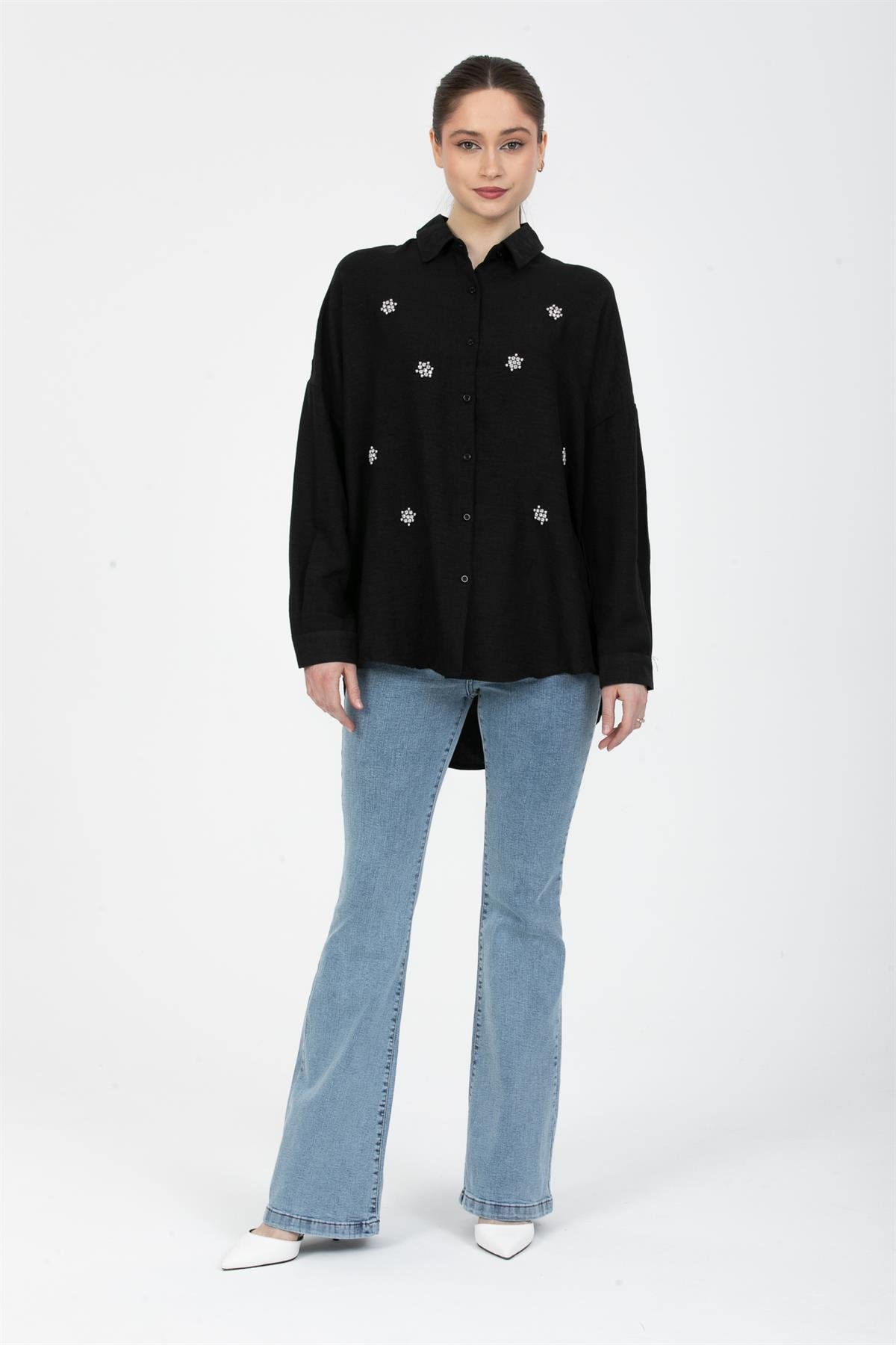 İncili Keten Gömlek Siyah