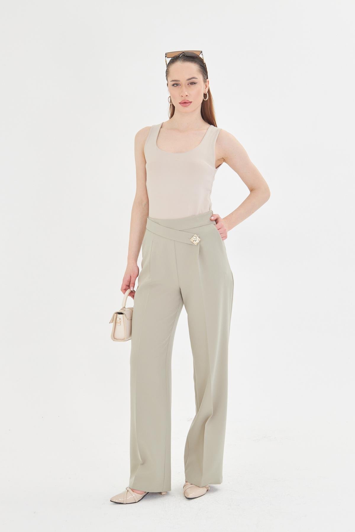 Kare Düğme Bol Paça Pantolon Açık Haki