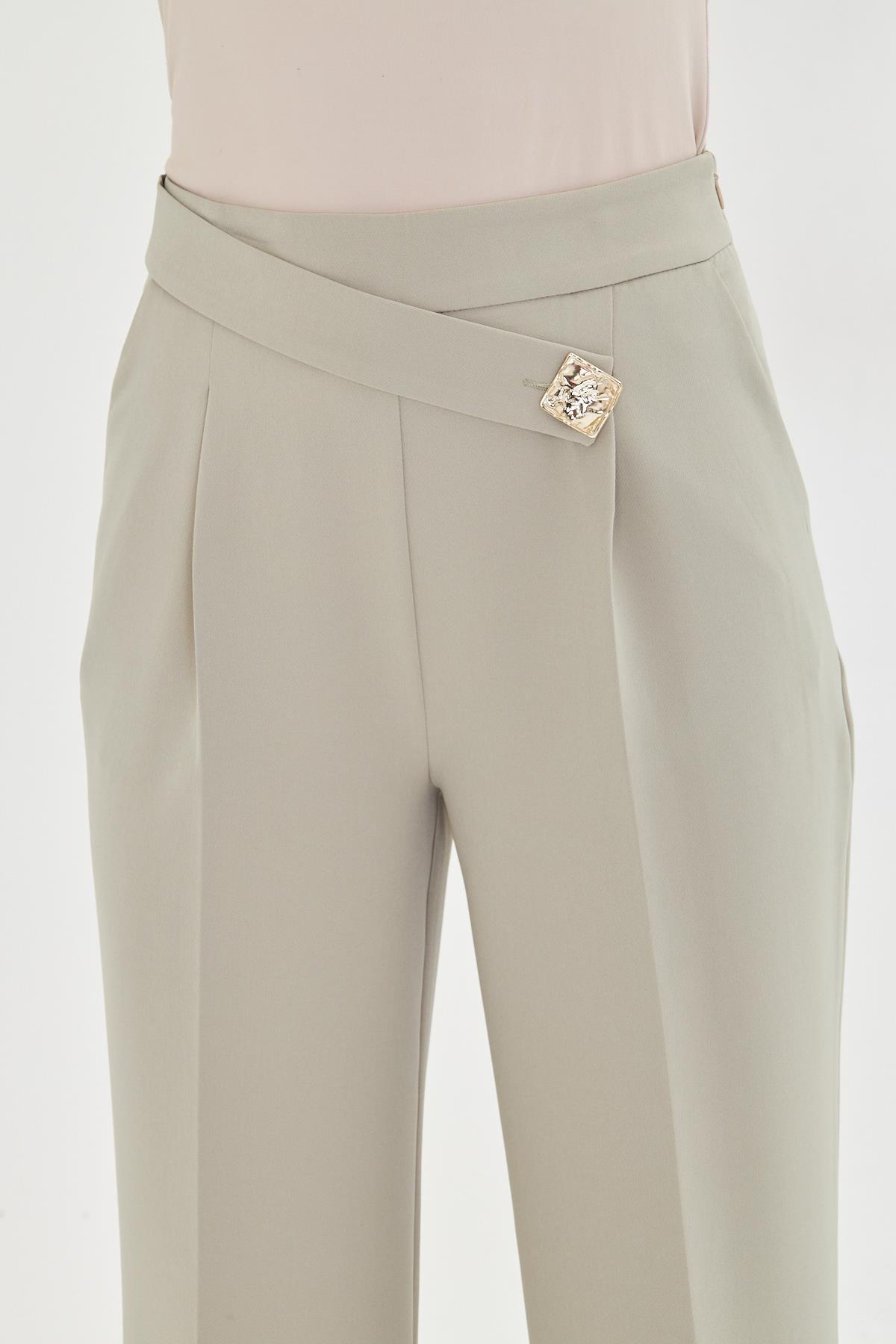 Kare Düğme Bol Paça Pantolon Açık Haki