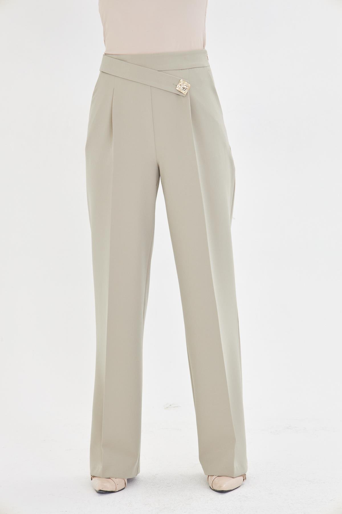 Kare Düğme Bol Paça Pantolon Açık Haki