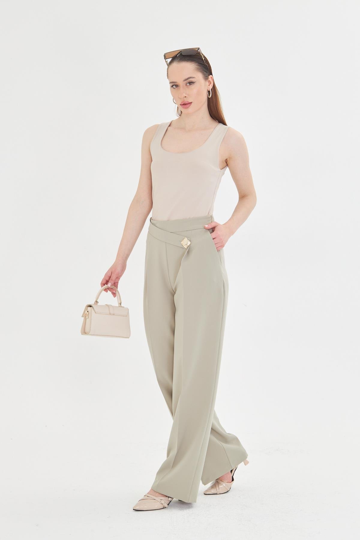 Kare Düğme Bol Paça Pantolon Açık Haki