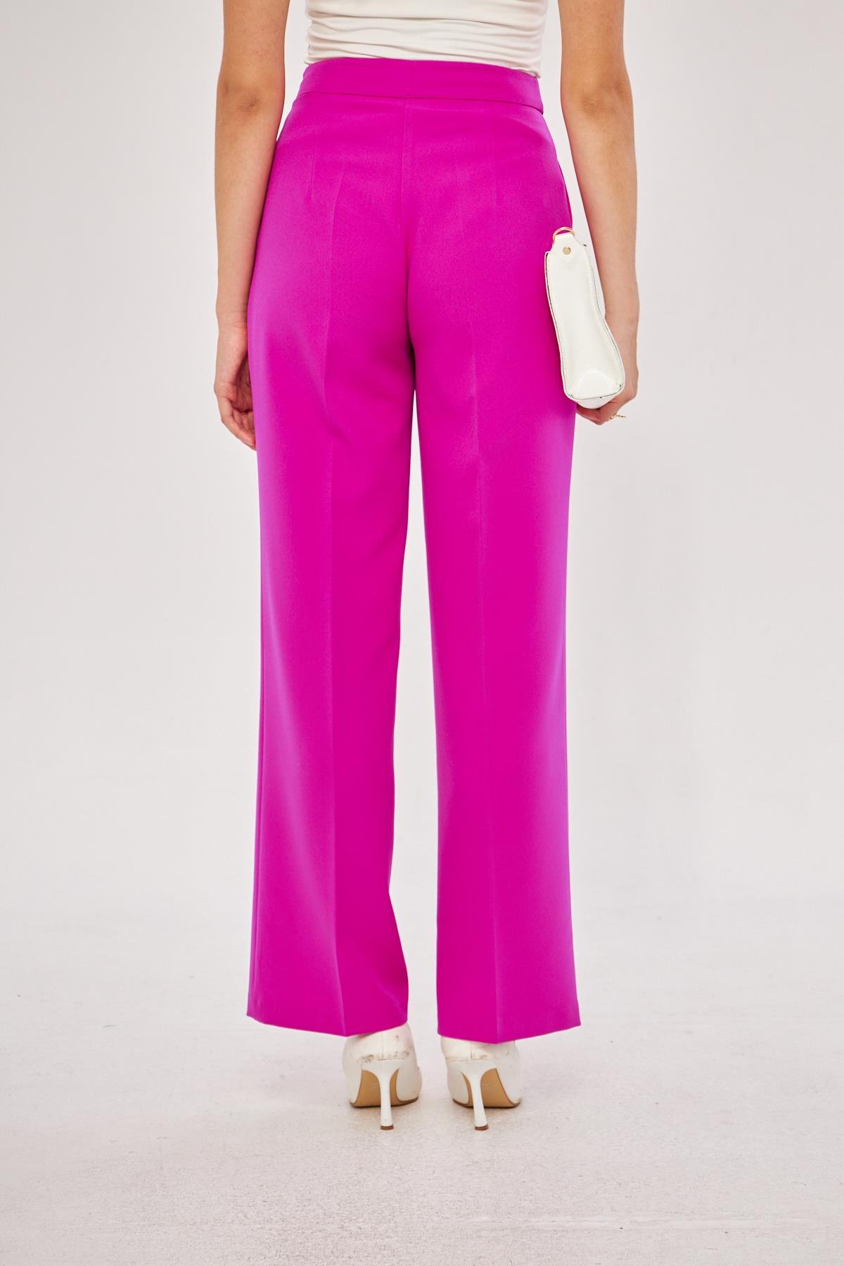 Kare Düğme Bol Paça Pantolon Fuşya