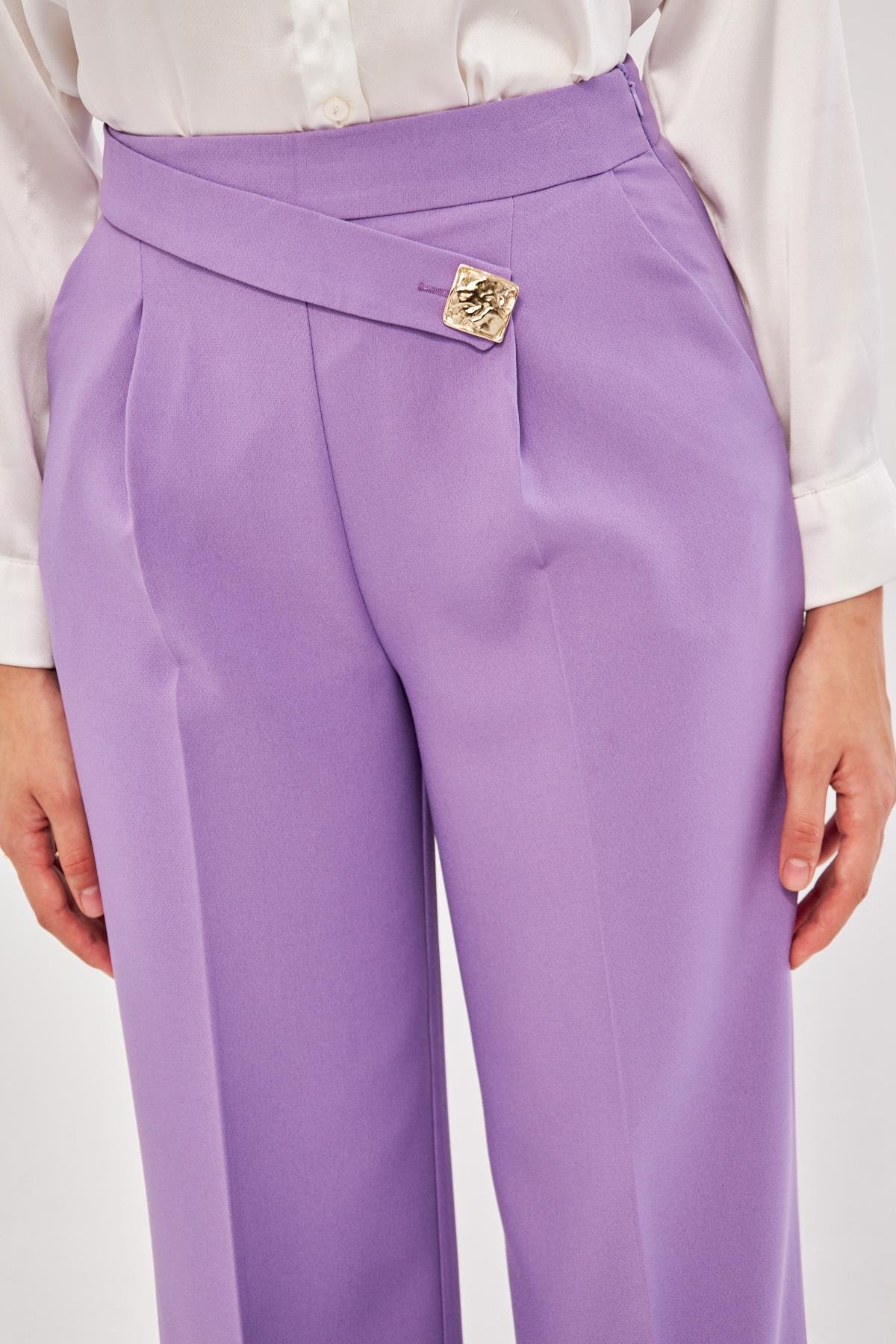 Kare Düğme Bol Paça Pantolon Lila