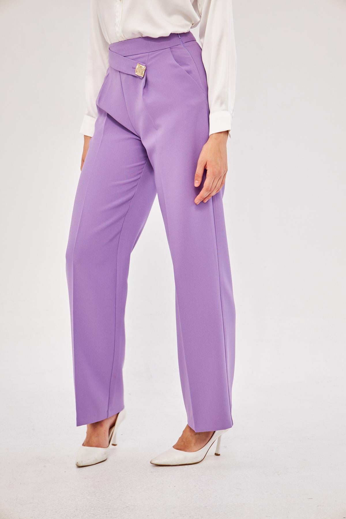 Kare Düğme Bol Paça Pantolon Lila