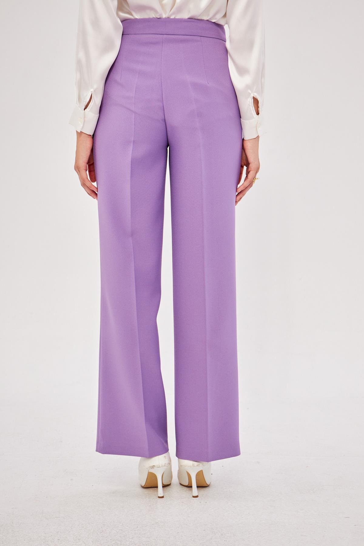 Kare Düğme Bol Paça Pantolon Lila