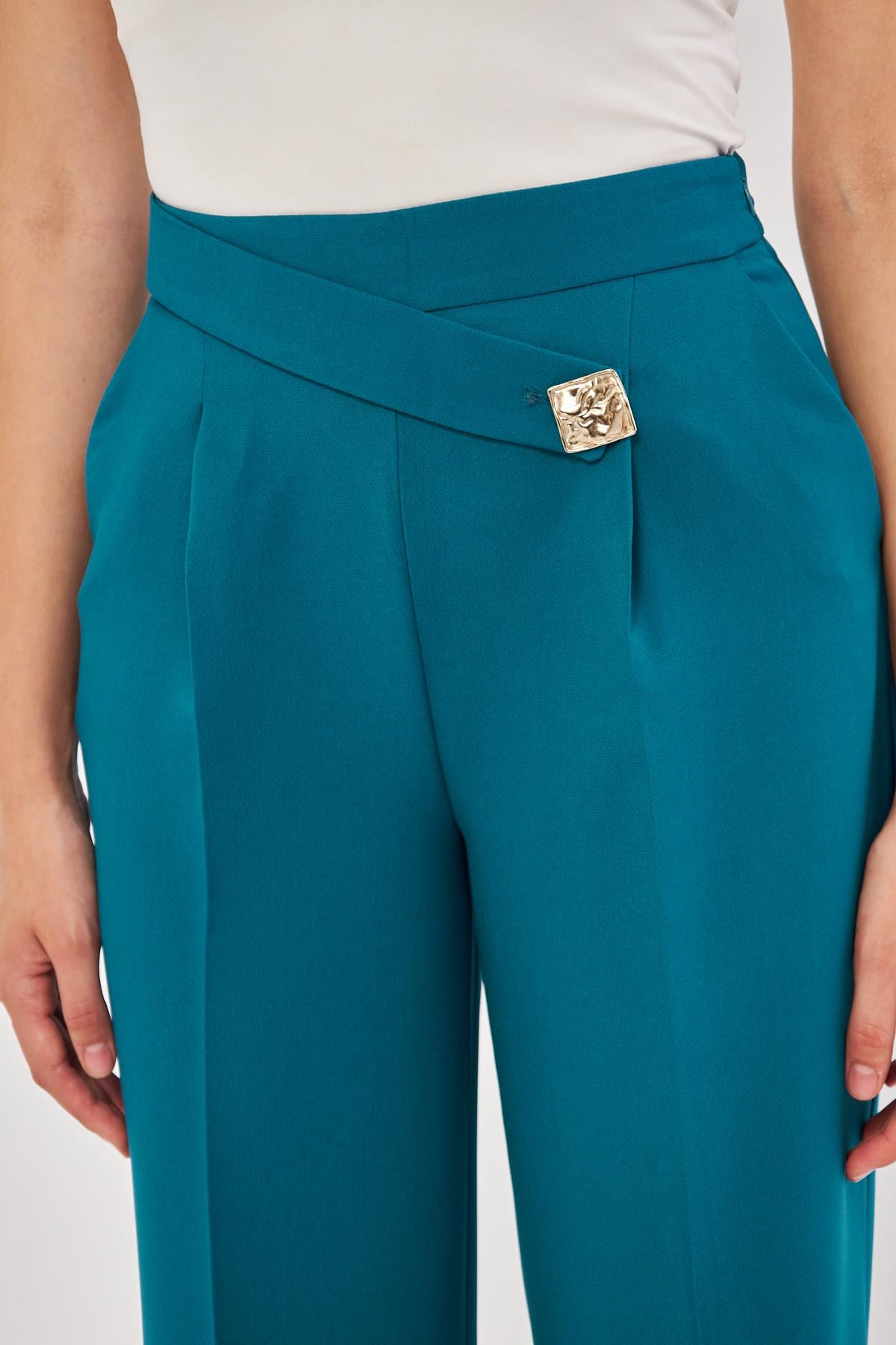 Kare Düğme Bol Paça Pantolon Zümrüt