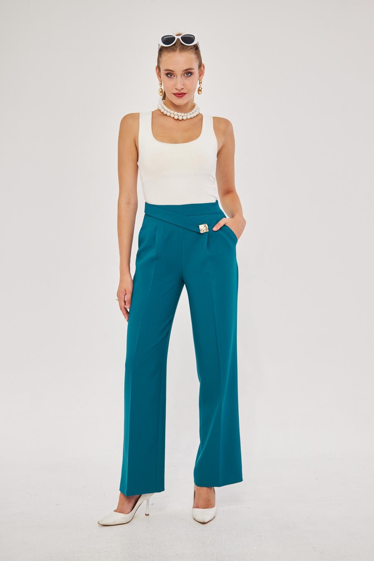 Kare Düğme Bol Paça Pantolon Zümrüt