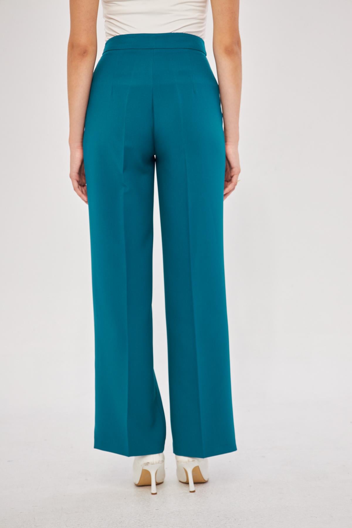 Kare Düğme Bol Paça Pantolon Zümrüt