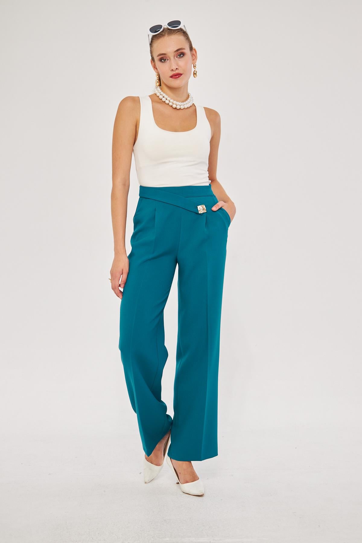 Kare Düğme Bol Paça Pantolon Zümrüt