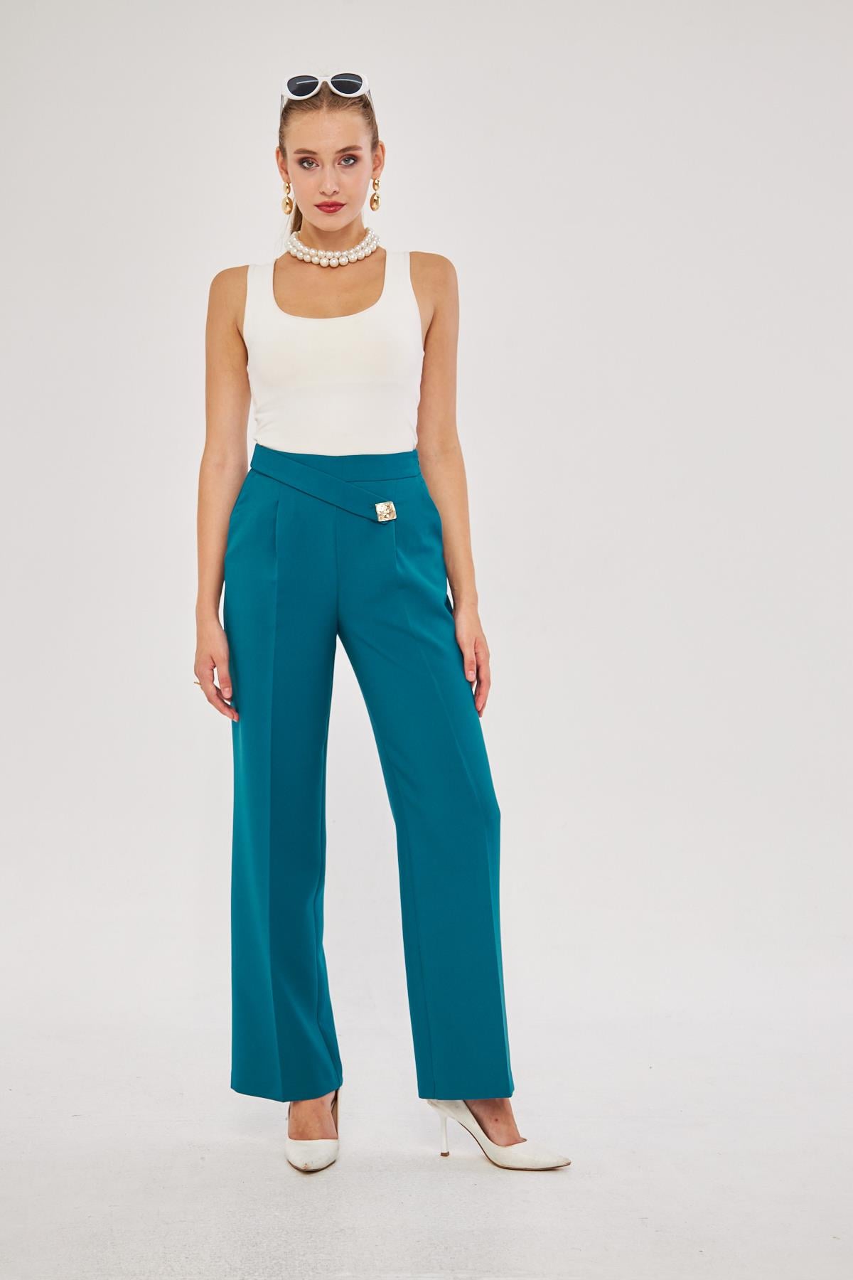 Kare Düğme Bol Paça Pantolon Zümrüt