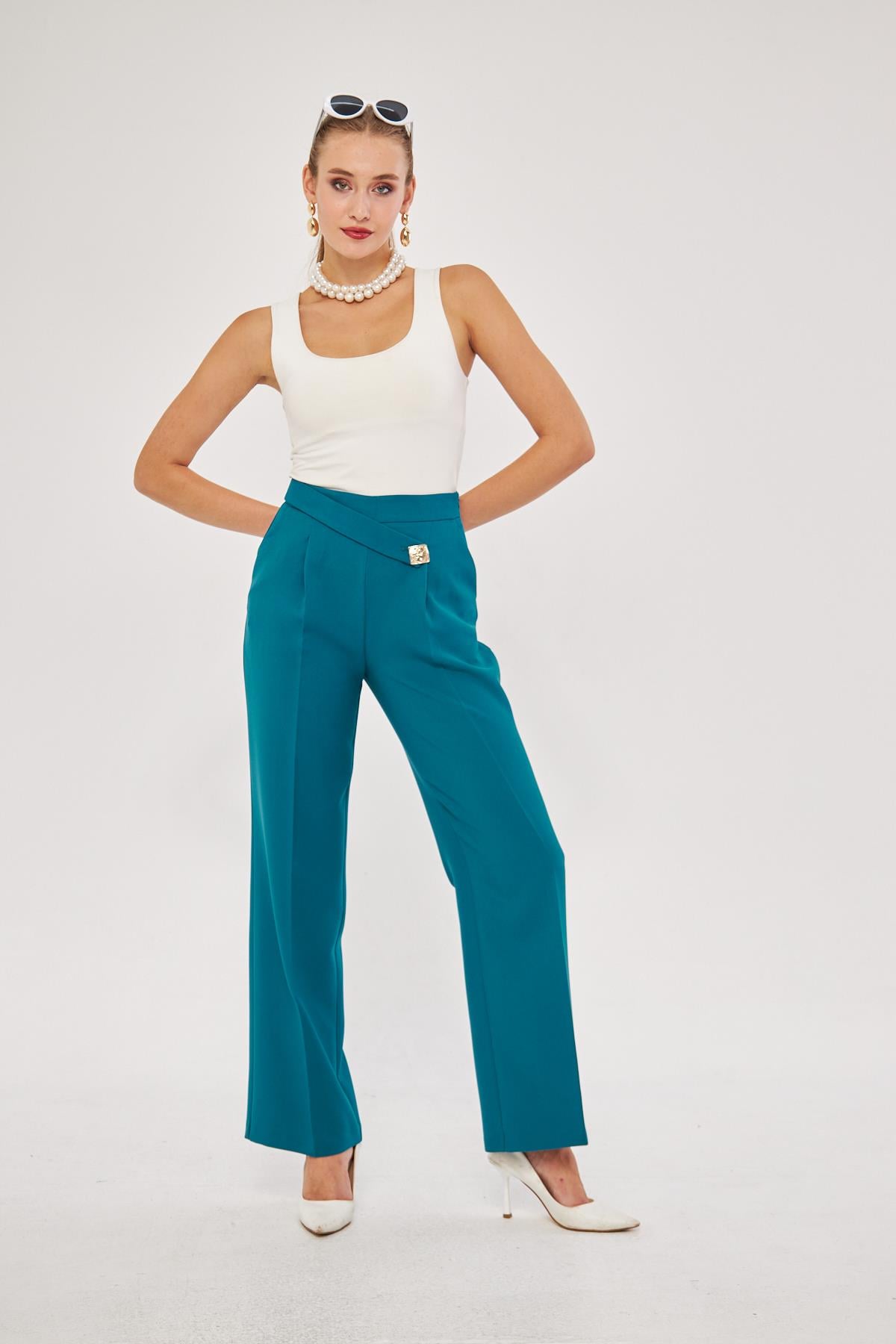 Kare Düğme Bol Paça Pantolon Zümrüt