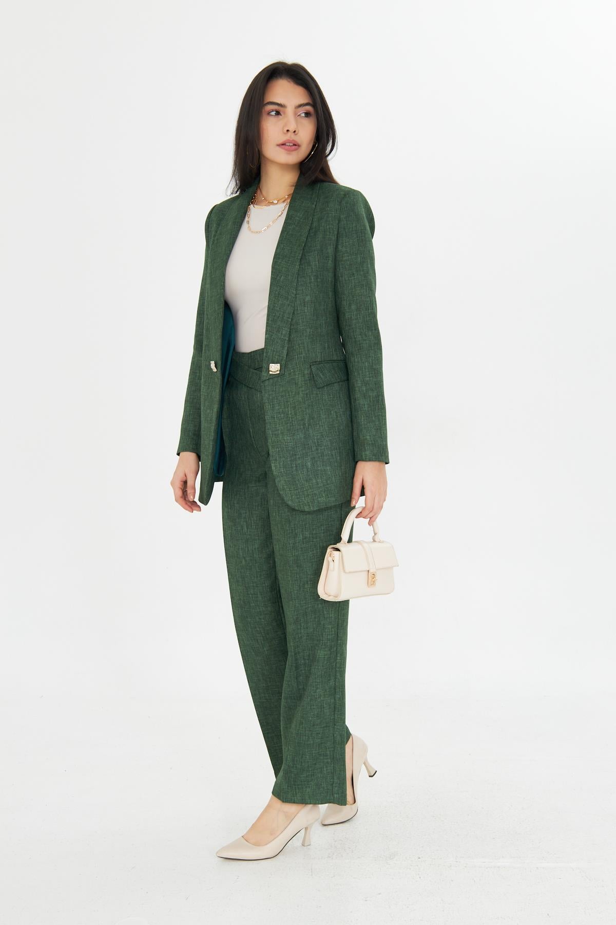 Kare Düğme Yünefekt Takım Zümrüt