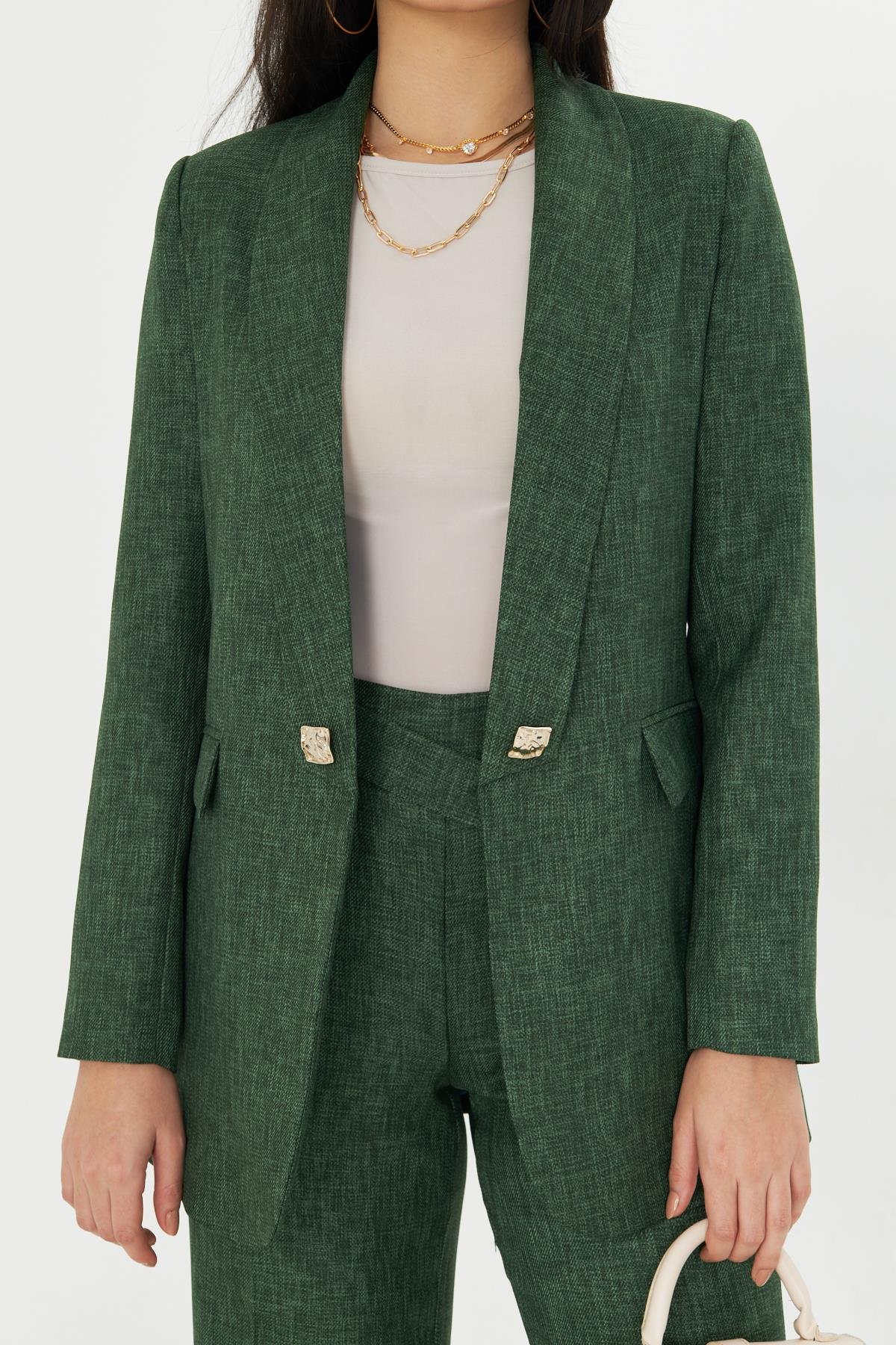 Kare Düğme Yünefekt Takım Zümrüt