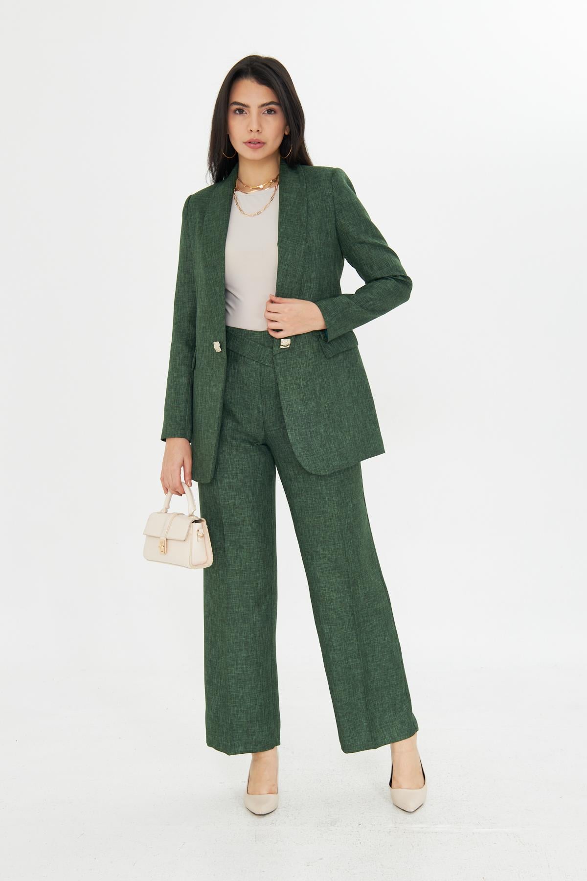 Kare Düğme Yünefekt Takım Zümrüt