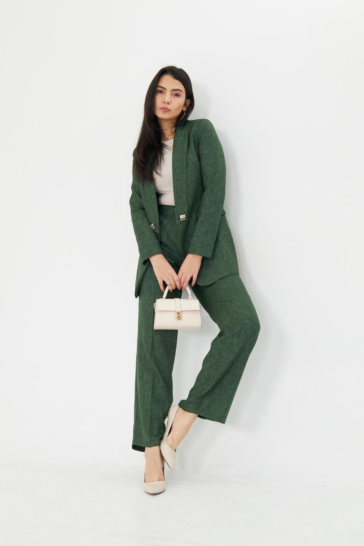 Kare Düğme Yünefekt Takım Zümrüt