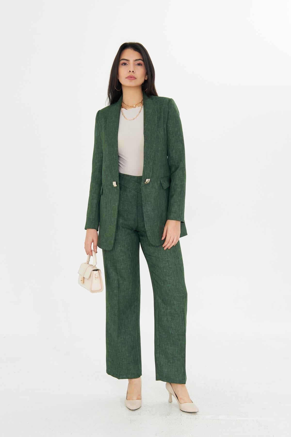 Kare Düğme Yünefekt Takım Zümrüt