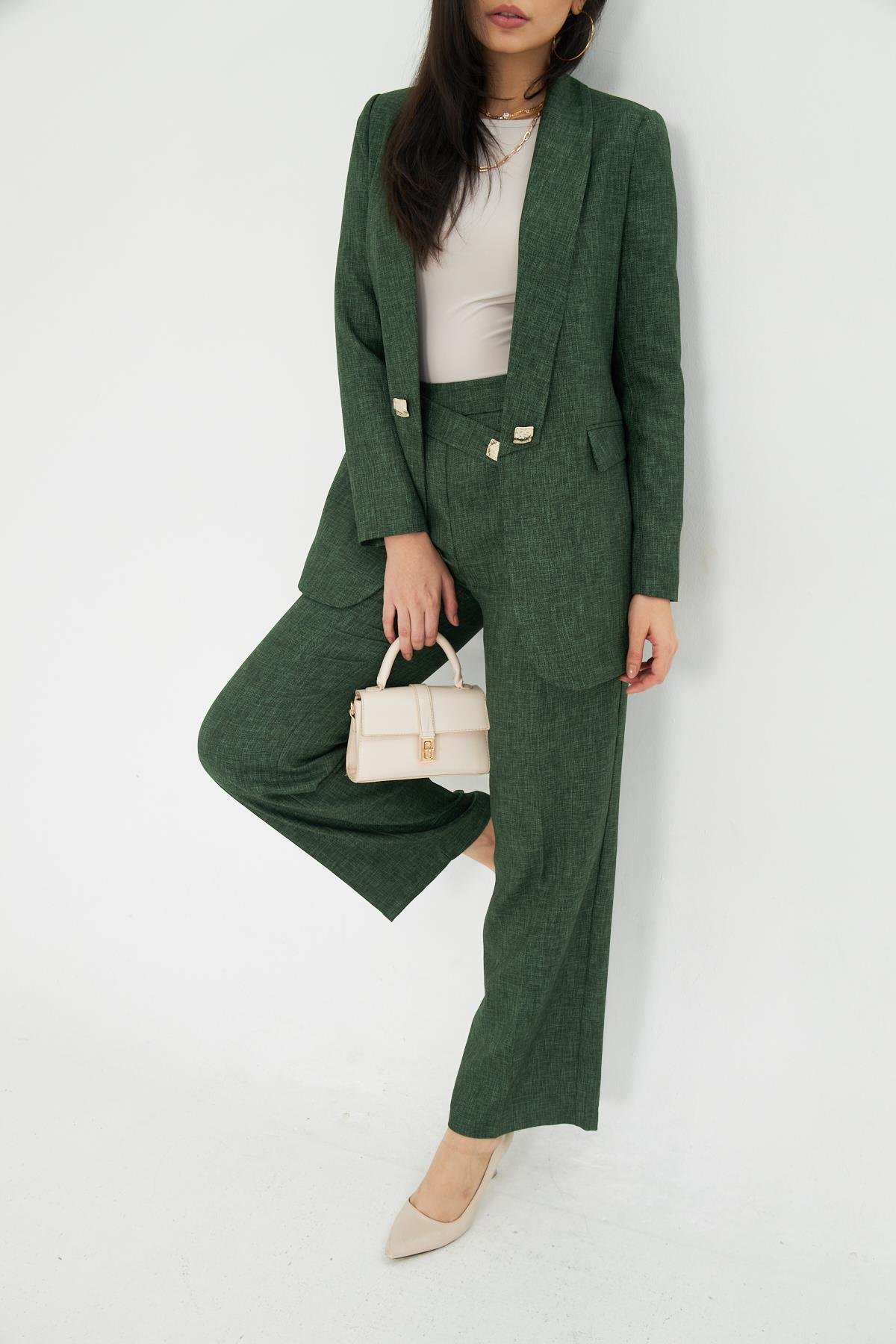 Kare Düğme Yünefekt Takım Zümrüt