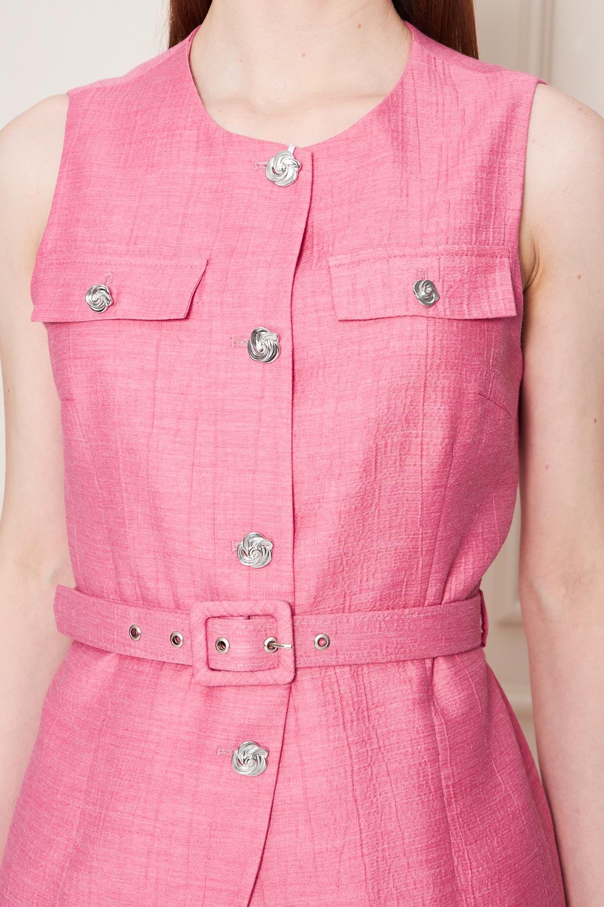 Kemer Detay Gofreli Yelek Takım Fuşya