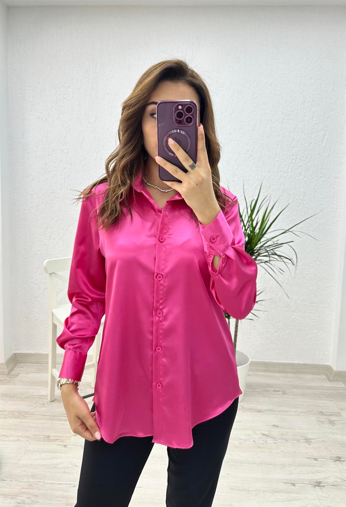 Klasik Saten Gömlek Fuşya