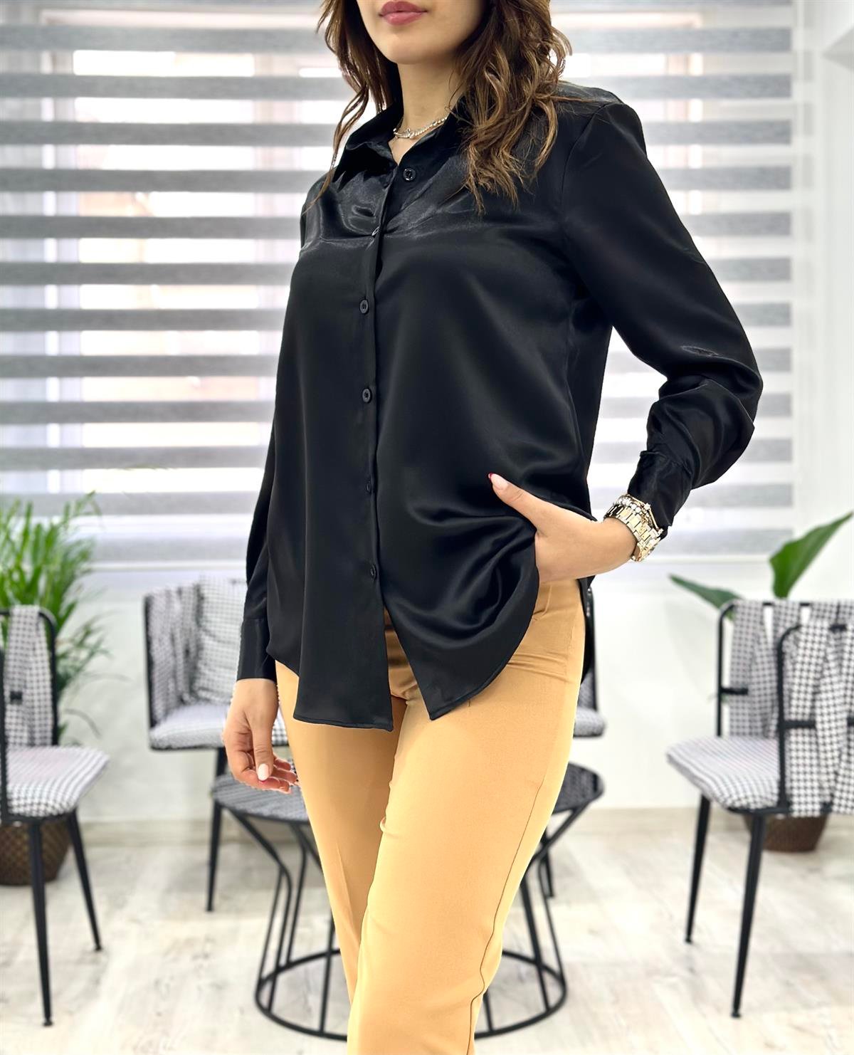 Klasik Saten Gömlek Siyah
