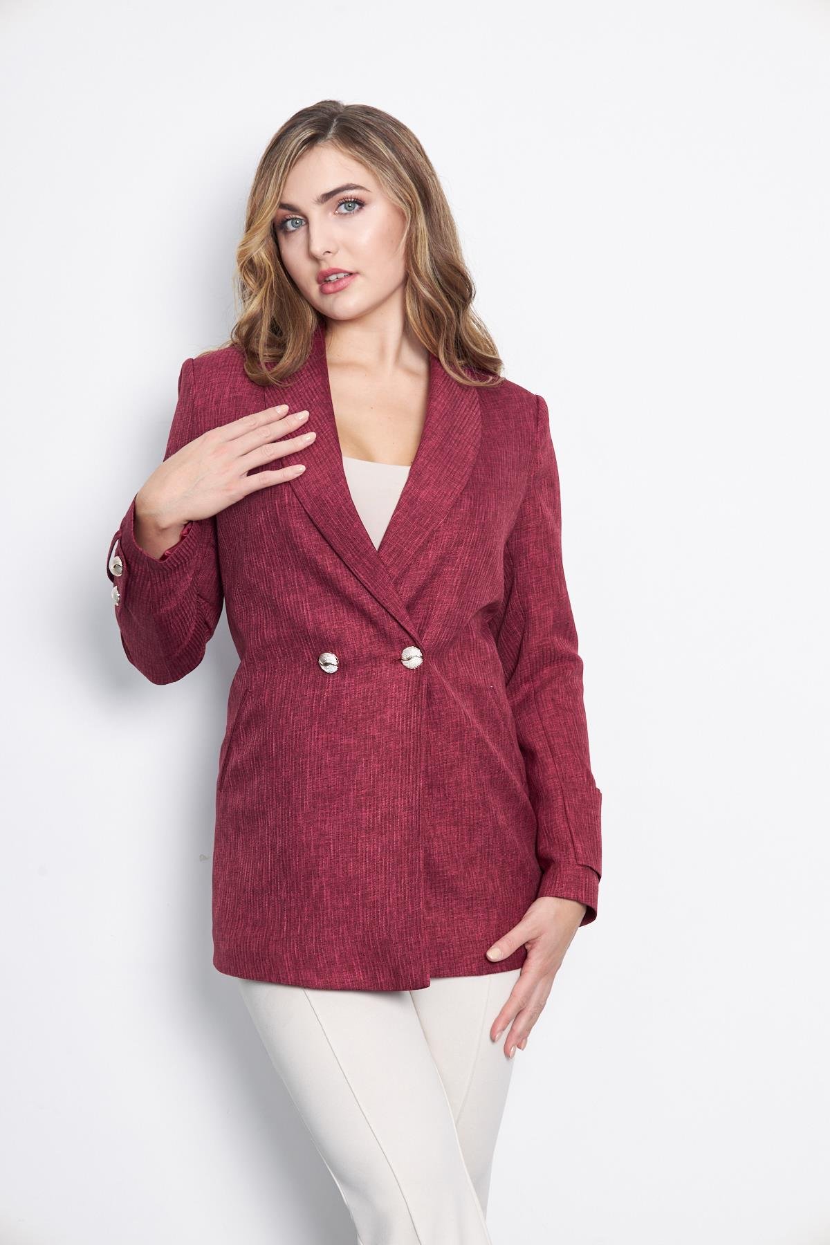 Kolu Patlı Kruvaze Yünefekt Ceket Bordo