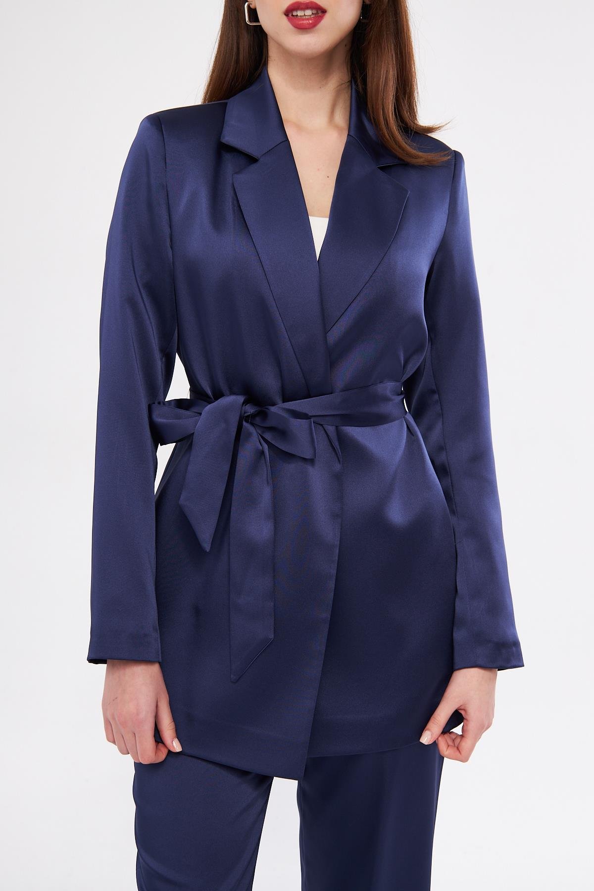 Kuşaklı Saten Takım Lacivert