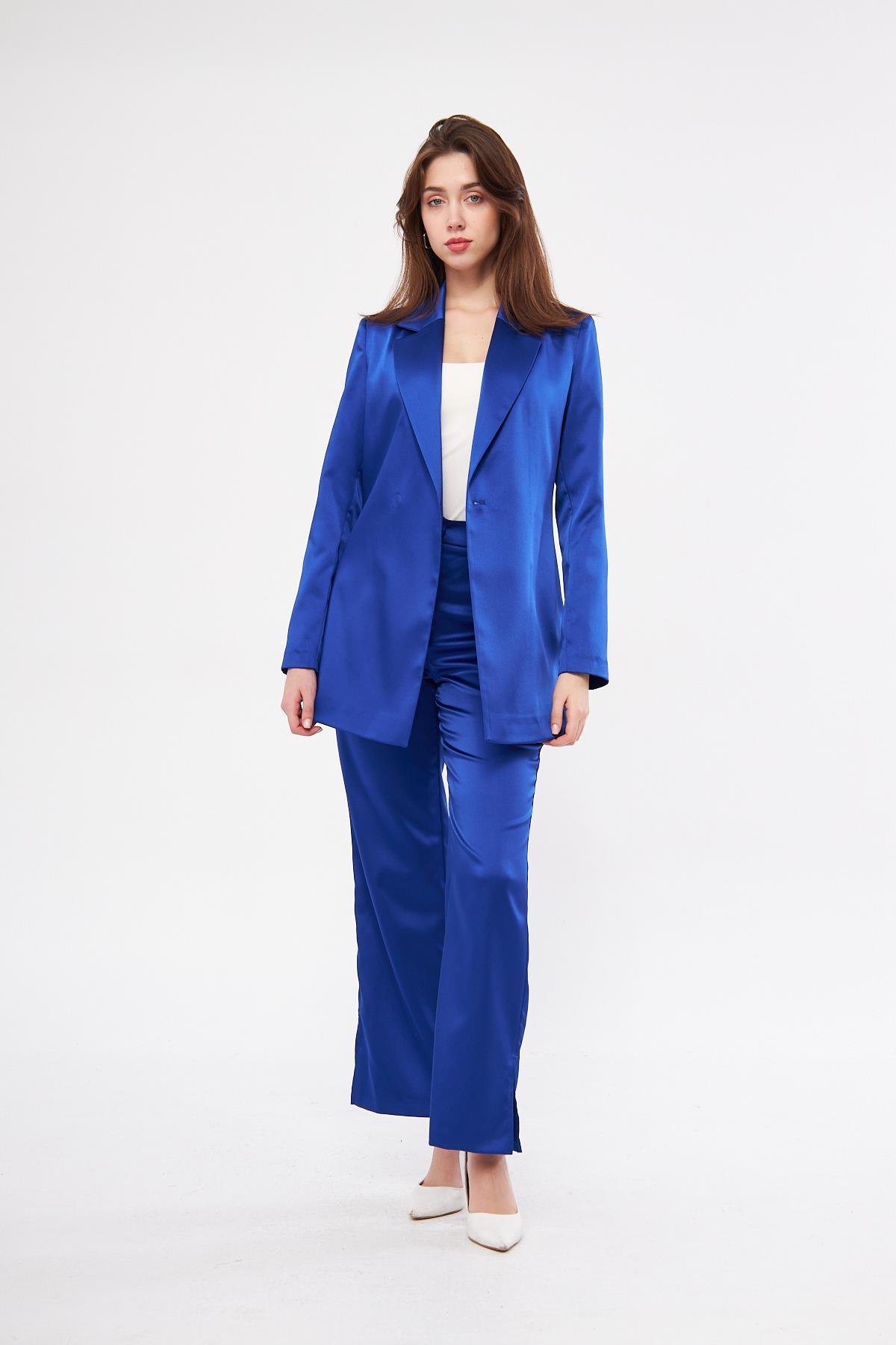 Kuşaklı Saten Takım Saks