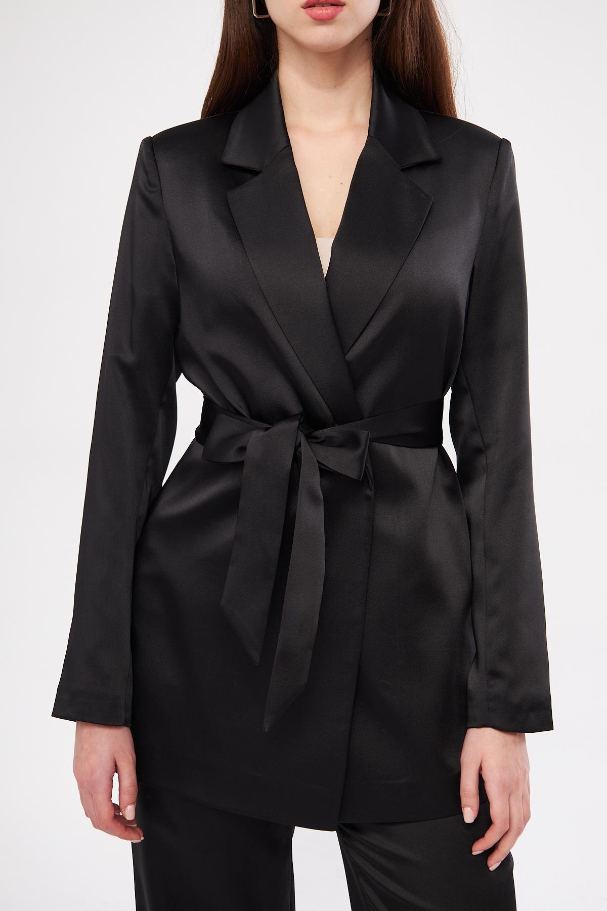 Kuşaklı Saten Takım Siyah