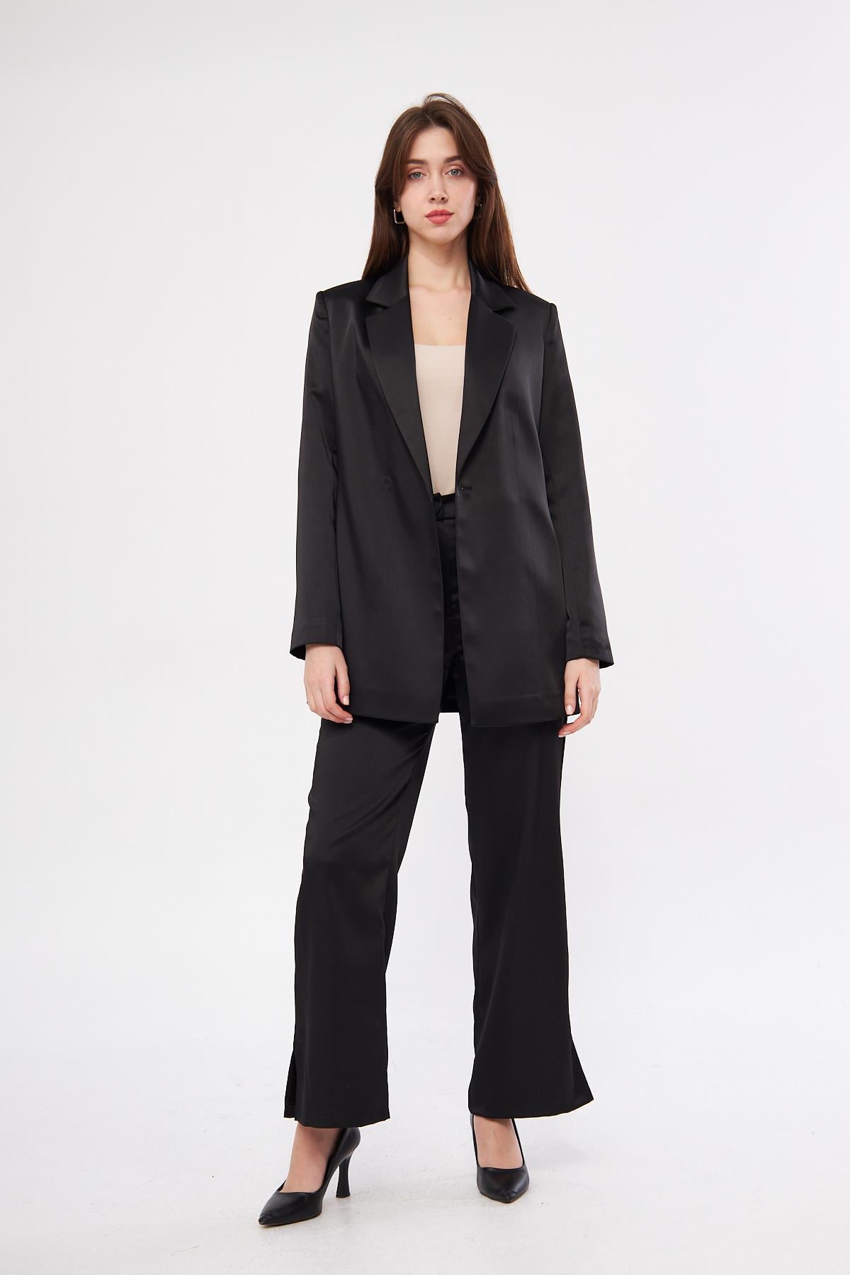 Kuşaklı Saten Takım Siyah