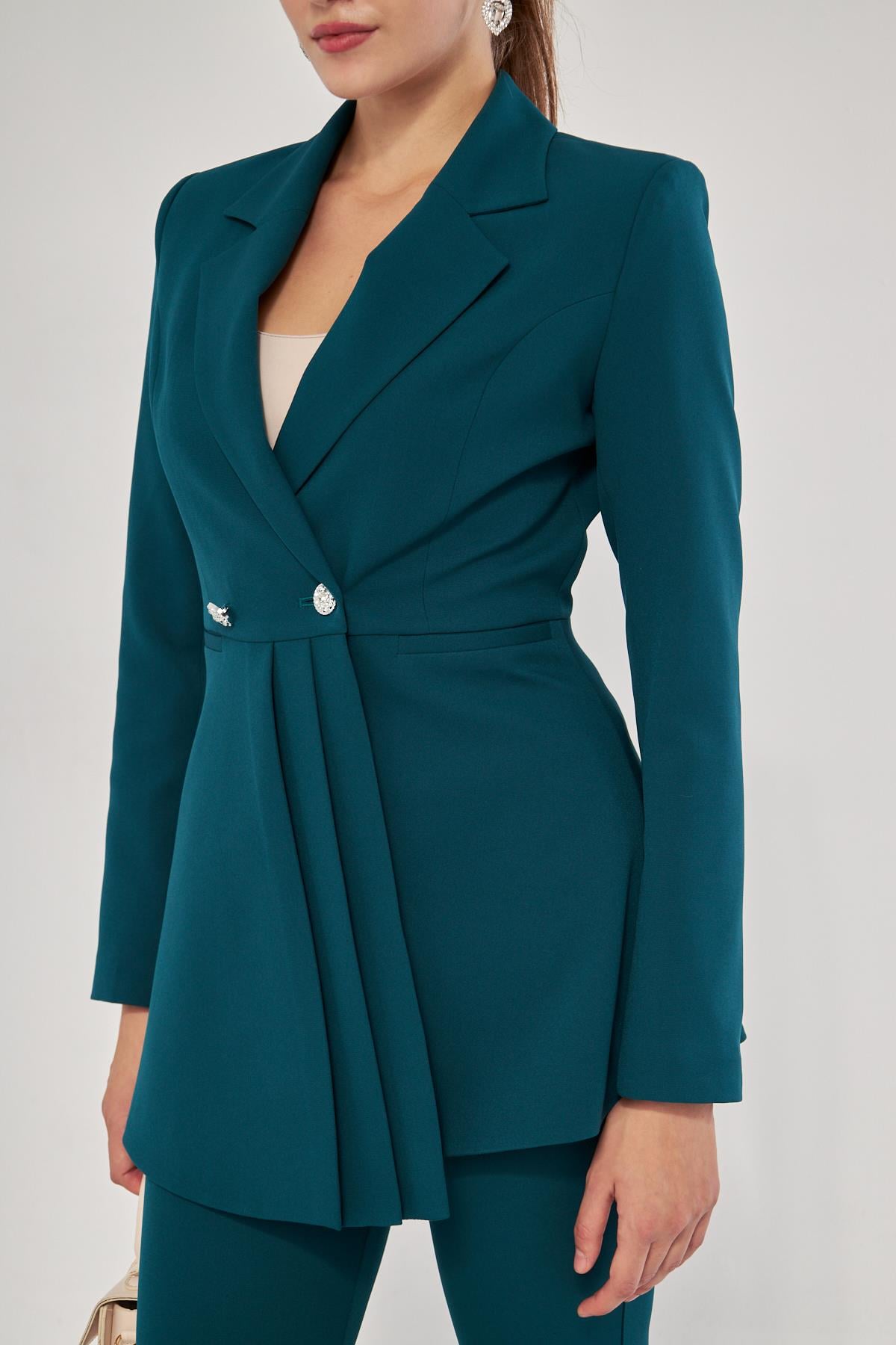 Pile Detay 2 Düğme Takım Zümrüt