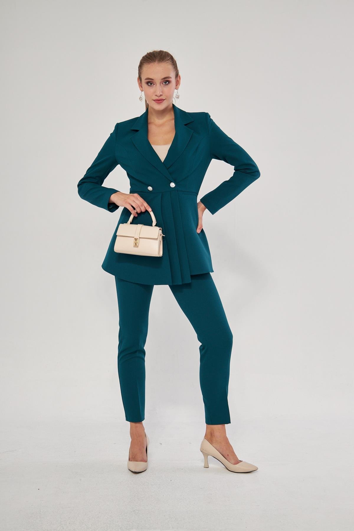 Pile Detay 2 Düğme Takım Zümrüt