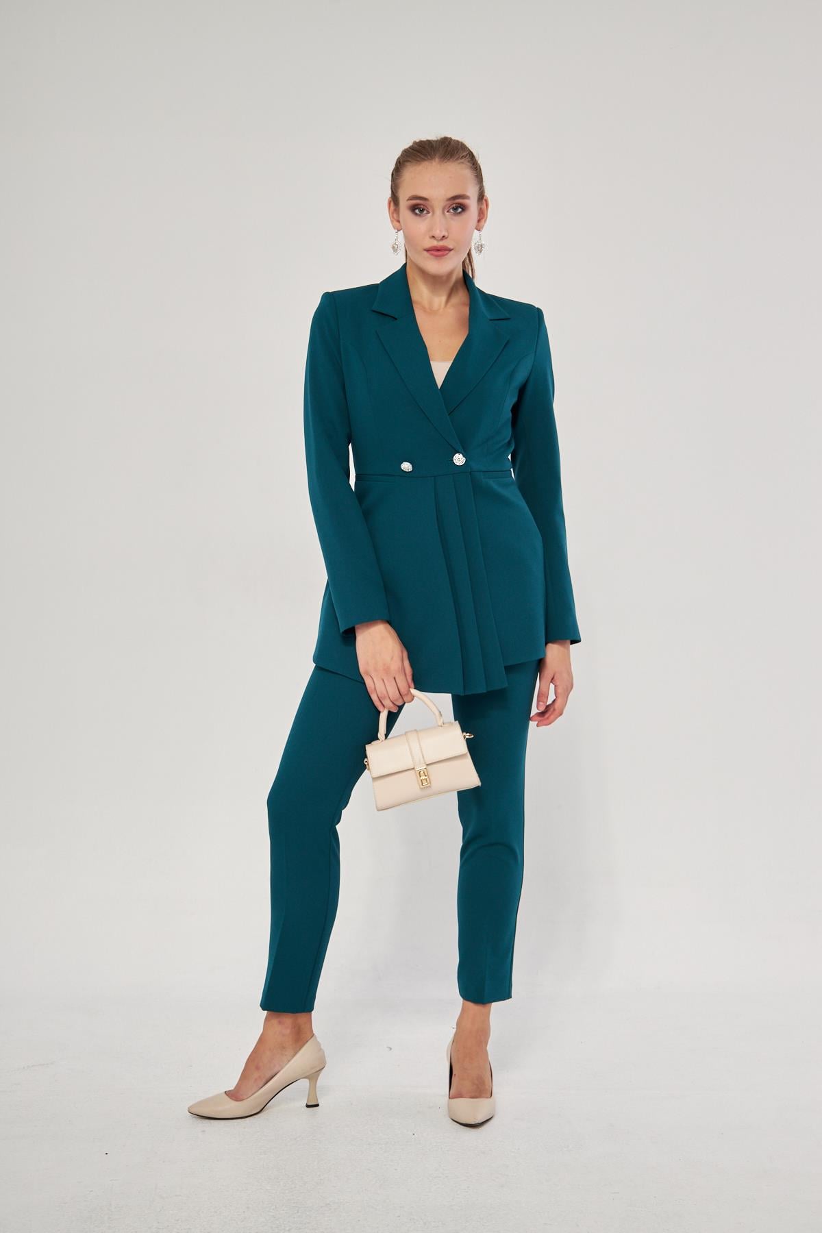 Pile Detay 2 Düğme Takım Zümrüt