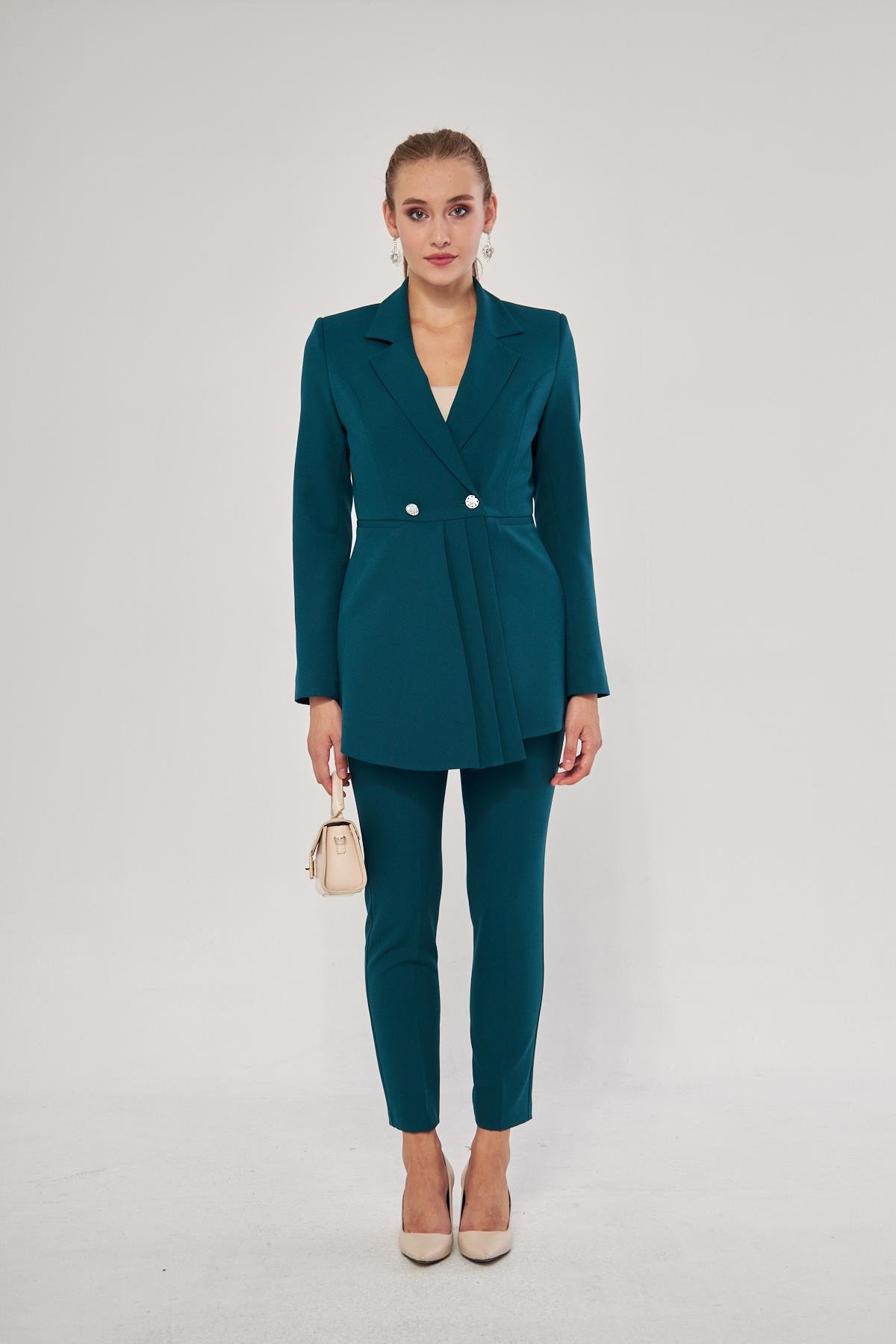 Pile Detay 2 Düğme Takım Zümrüt